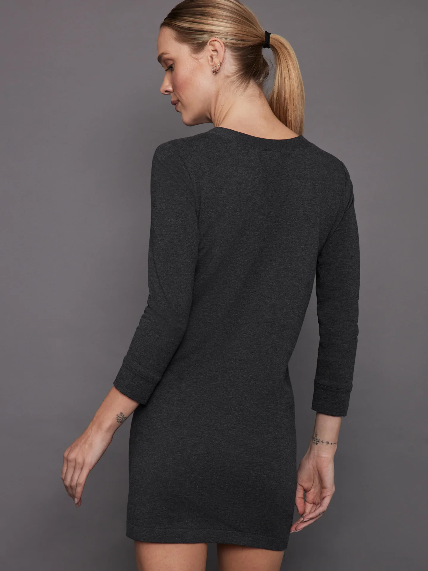 3/4 Sleeve Tailored Terry Mini Dress - Dark Heather Grey - Image 2