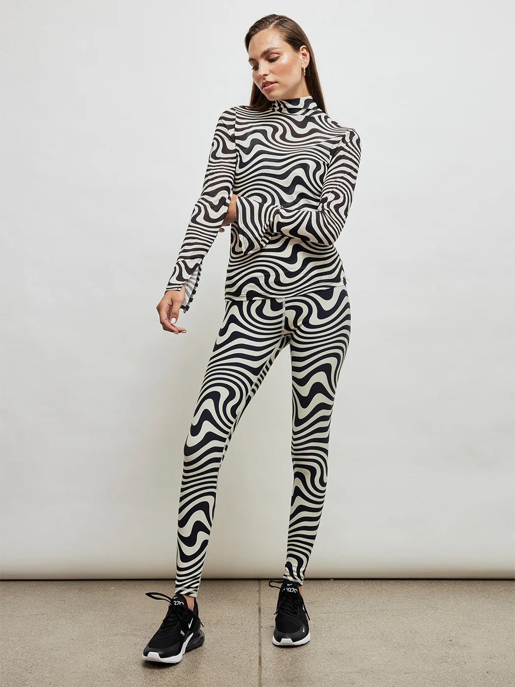 Black and White Wave Mesh Mock Neck Split Neck Longsleeve - Black And White Wave Mesh - Image 2