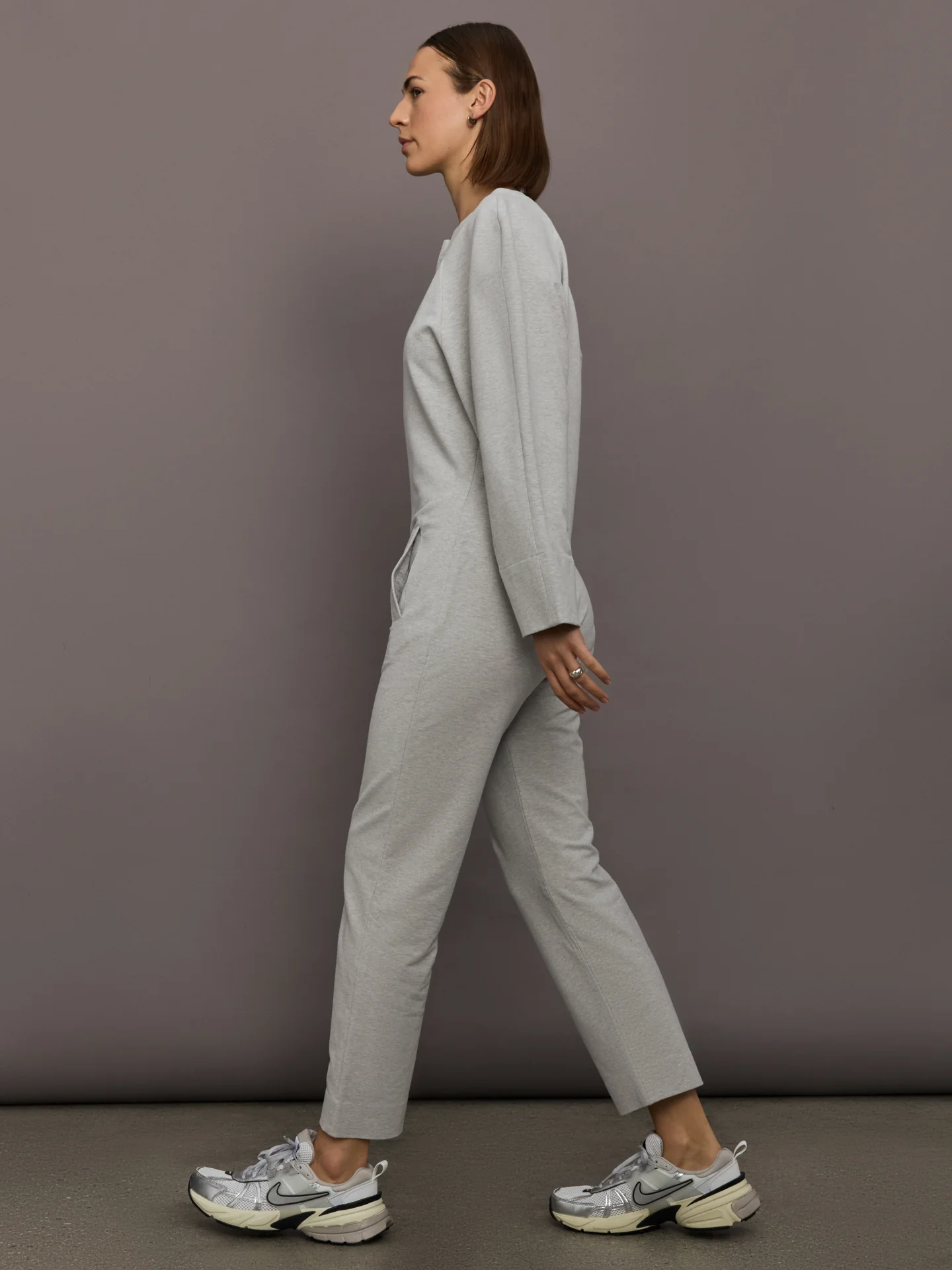 Bomber 1980s Zip Front Jumpsuit - Light Heather Grey - Image 3