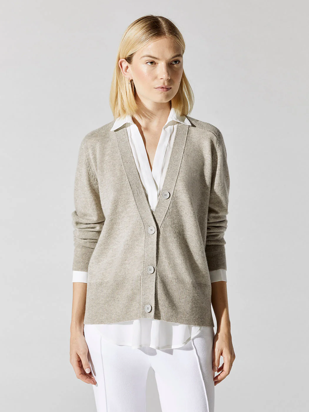 Callie Layered Looker Cardigan - Light Chia Melange With White - Image 3