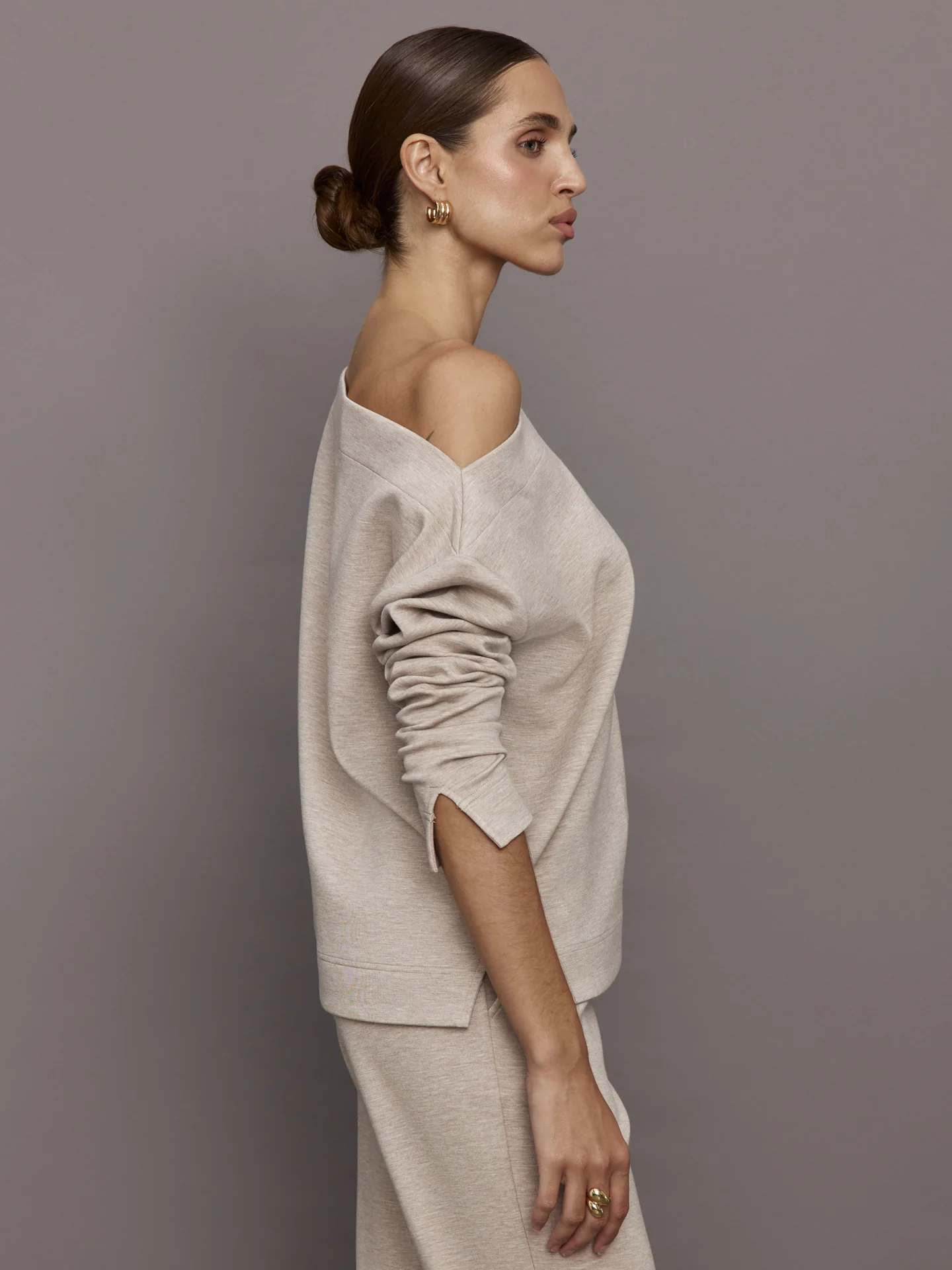 Drapey Knit Sweatshirt in Interlock - Taupe Heather - Image 3