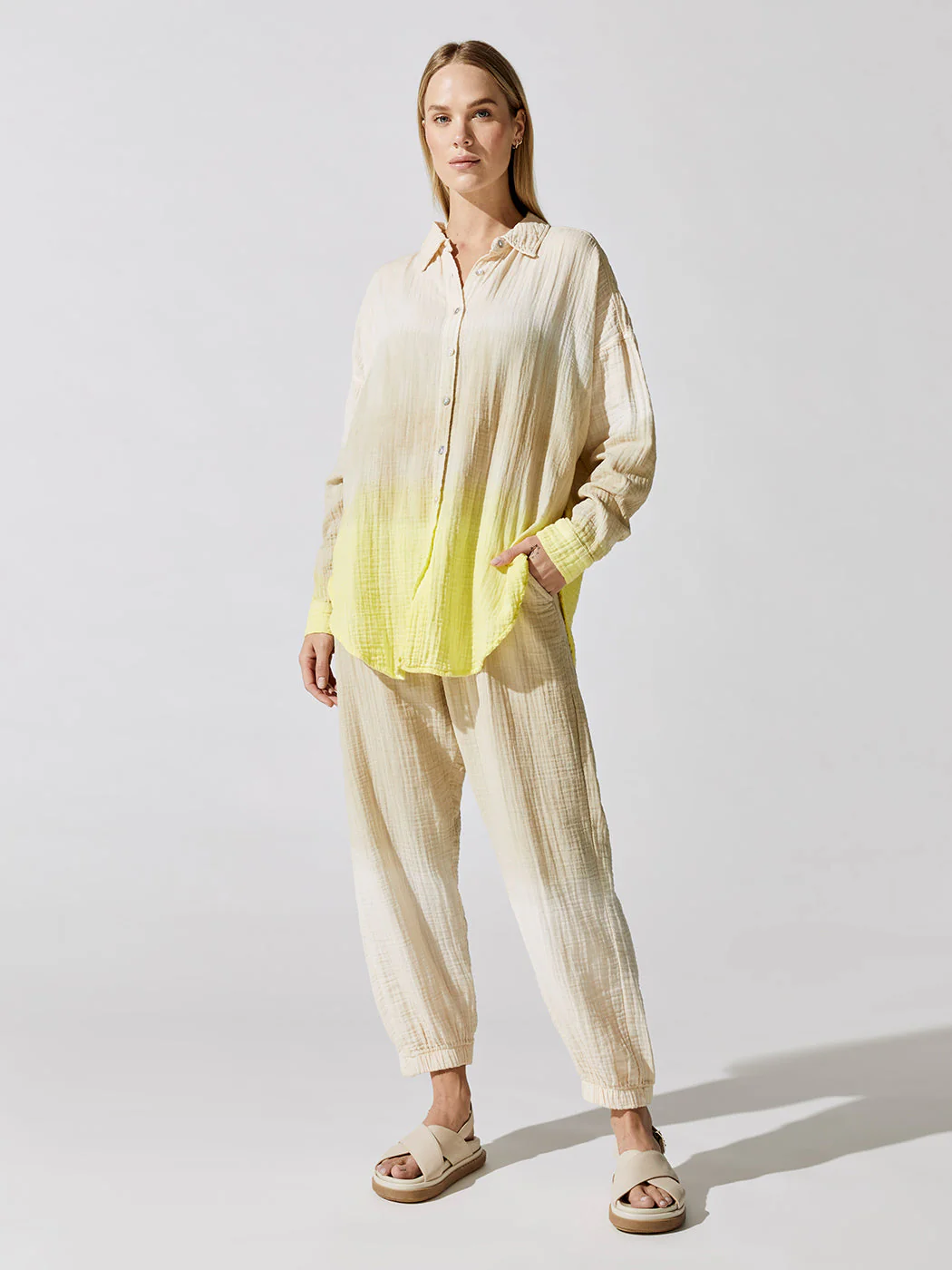 Farrah Dress Shirt - Sunset (Gauze) - Khaki/Lemon - Image 3