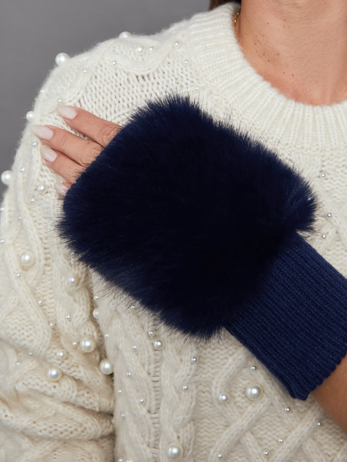 Faux Fox Knit Mittens - Navy - Image 2