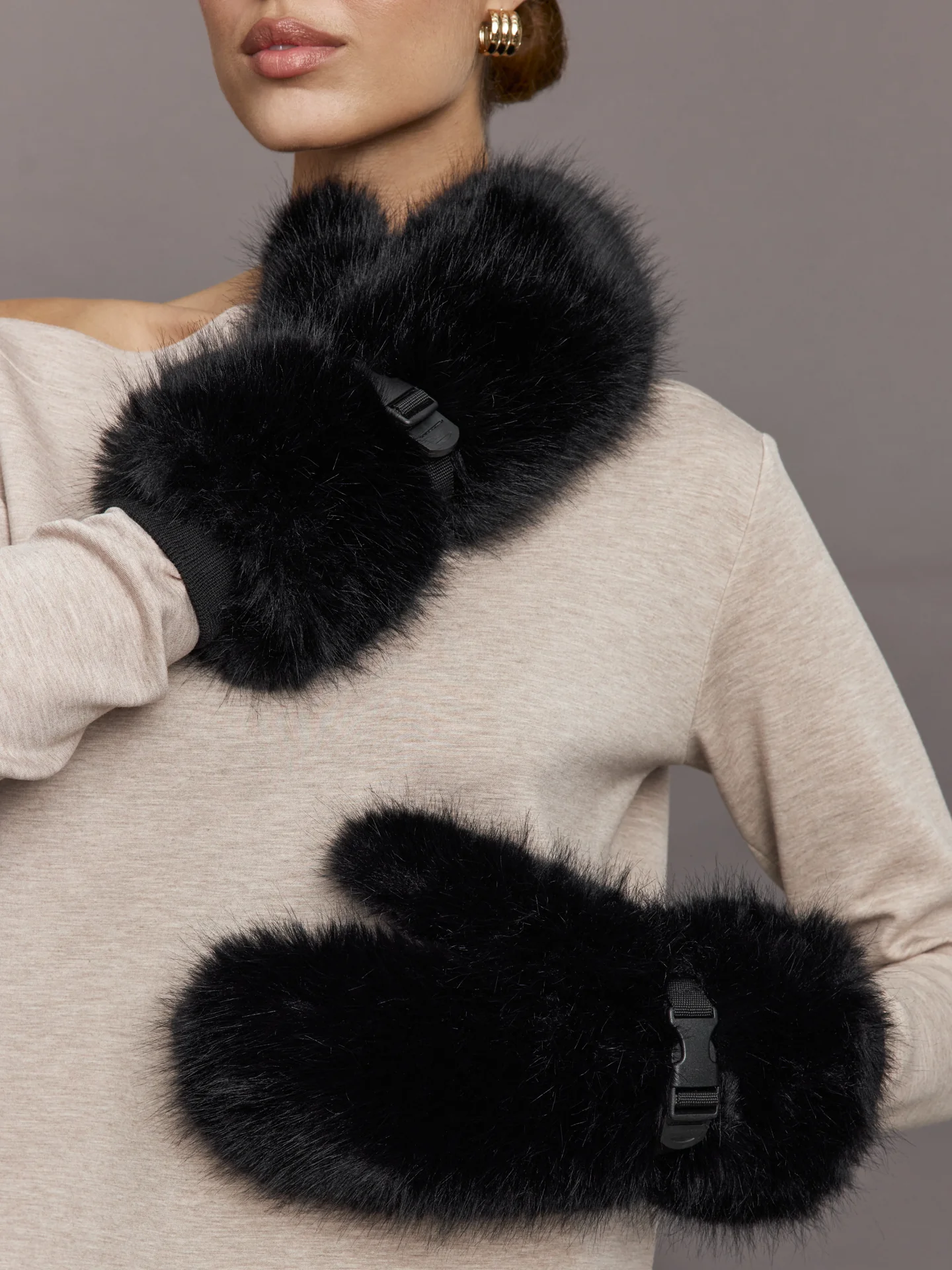 Faux Fox Mittens - Black - Image 2