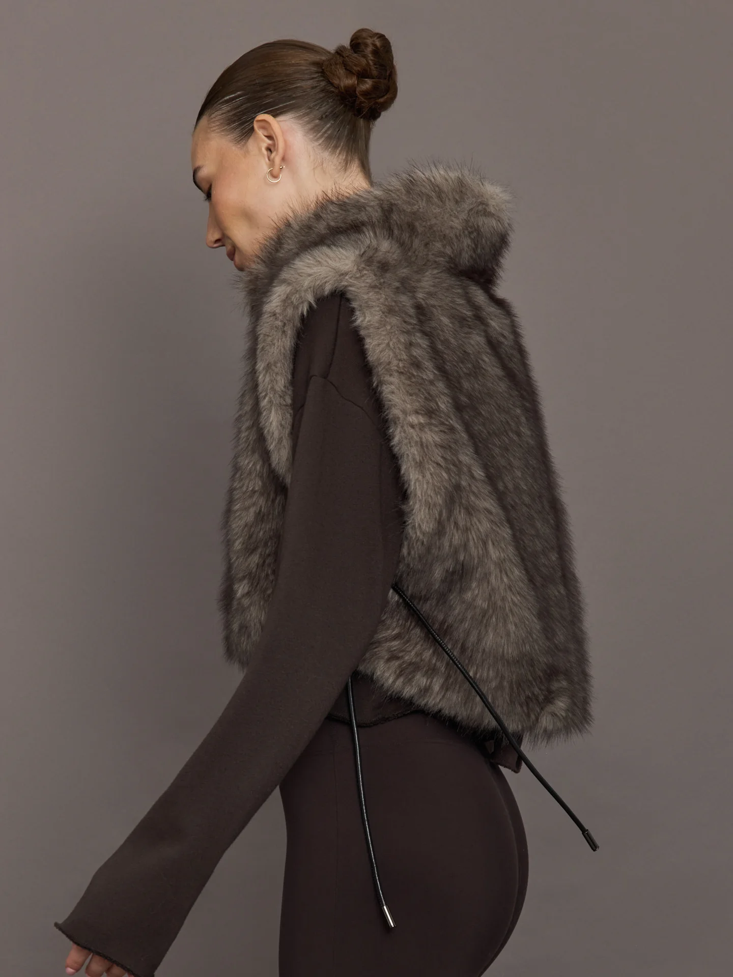 Faux Fur Pullover Vest with Side Ties - Mocha - Image 3