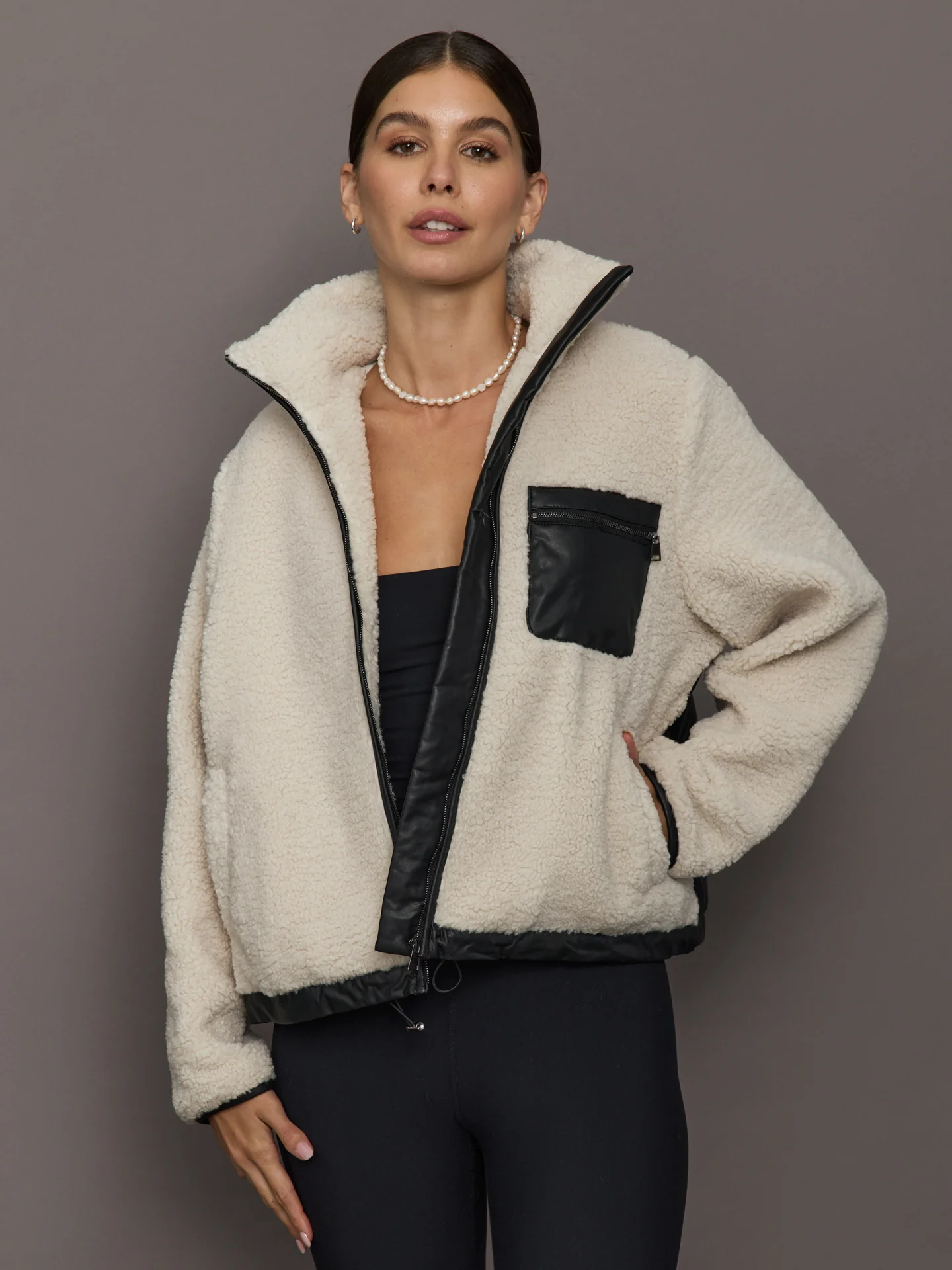 Faux Leather Sherpa Jacket - Natural - Image 4