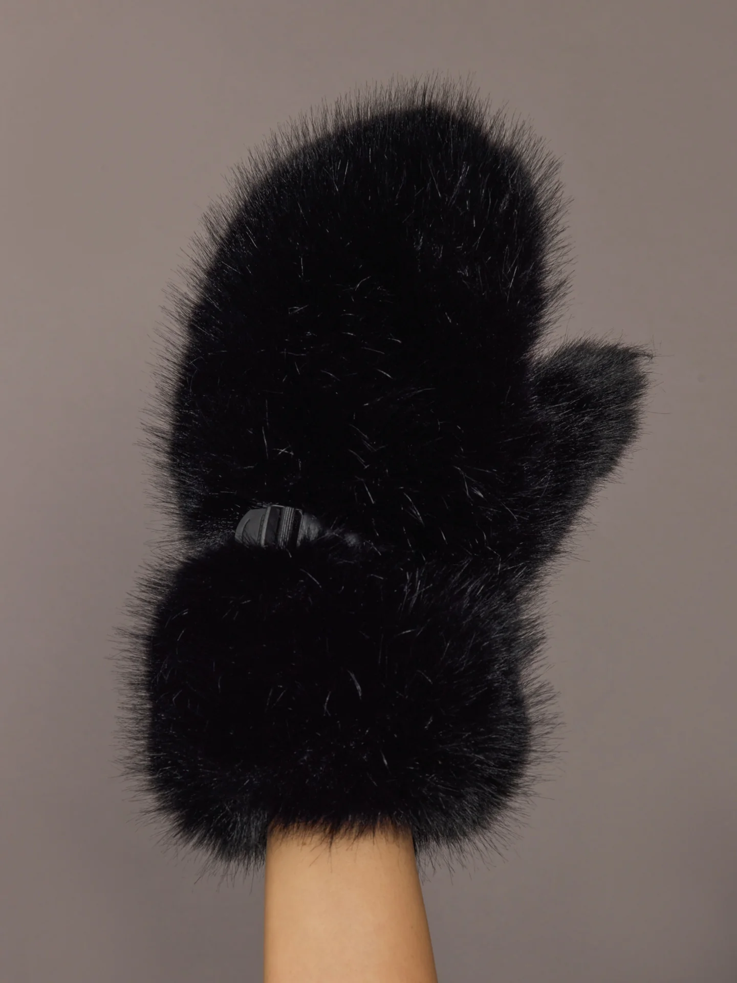 Faux Rex Rabbit Knit Mittens with Faux Fox Trim - Black