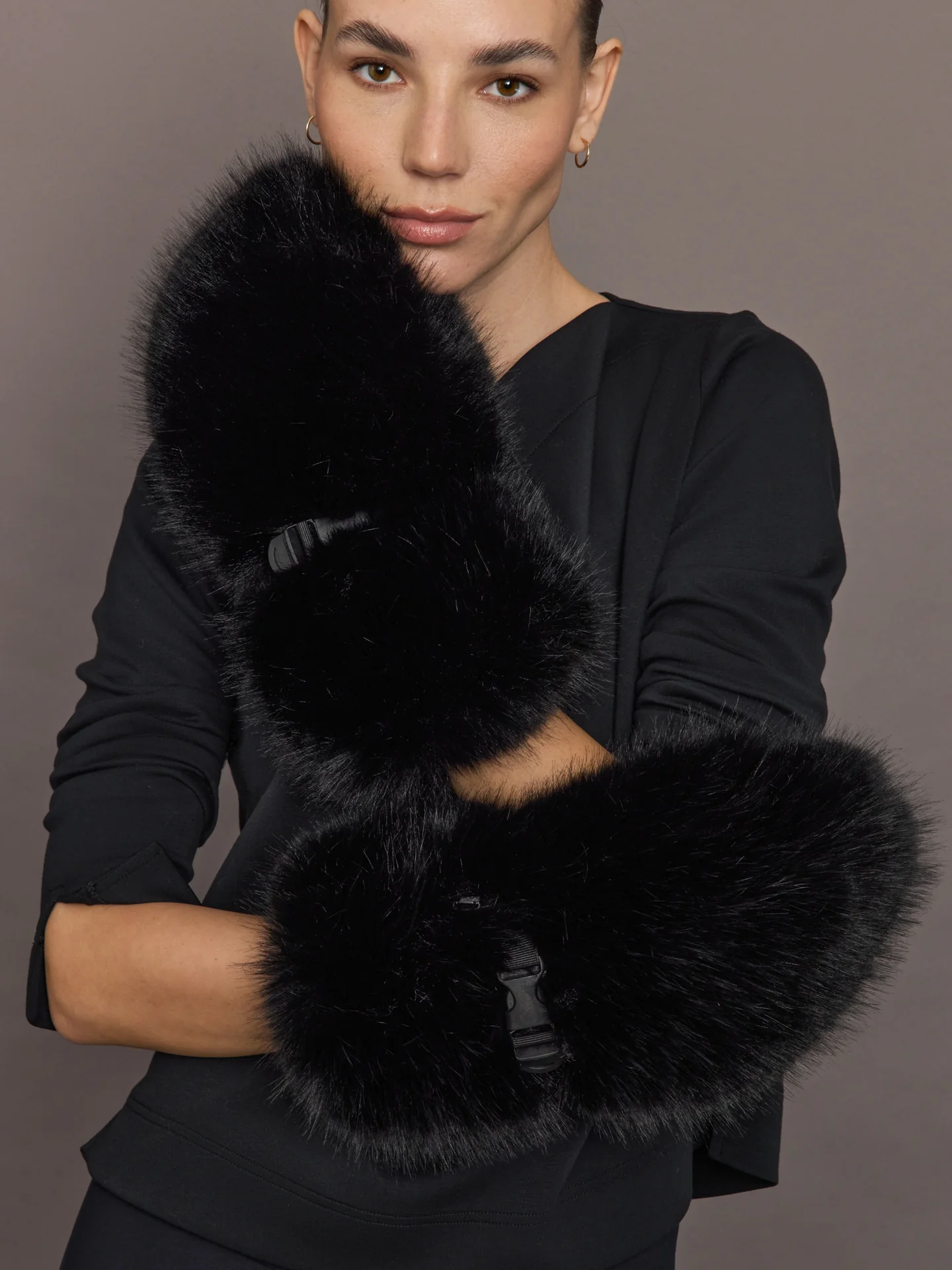 Faux Rex Rabbit Knit Mittens with Faux Fox Trim - Black - Image 2