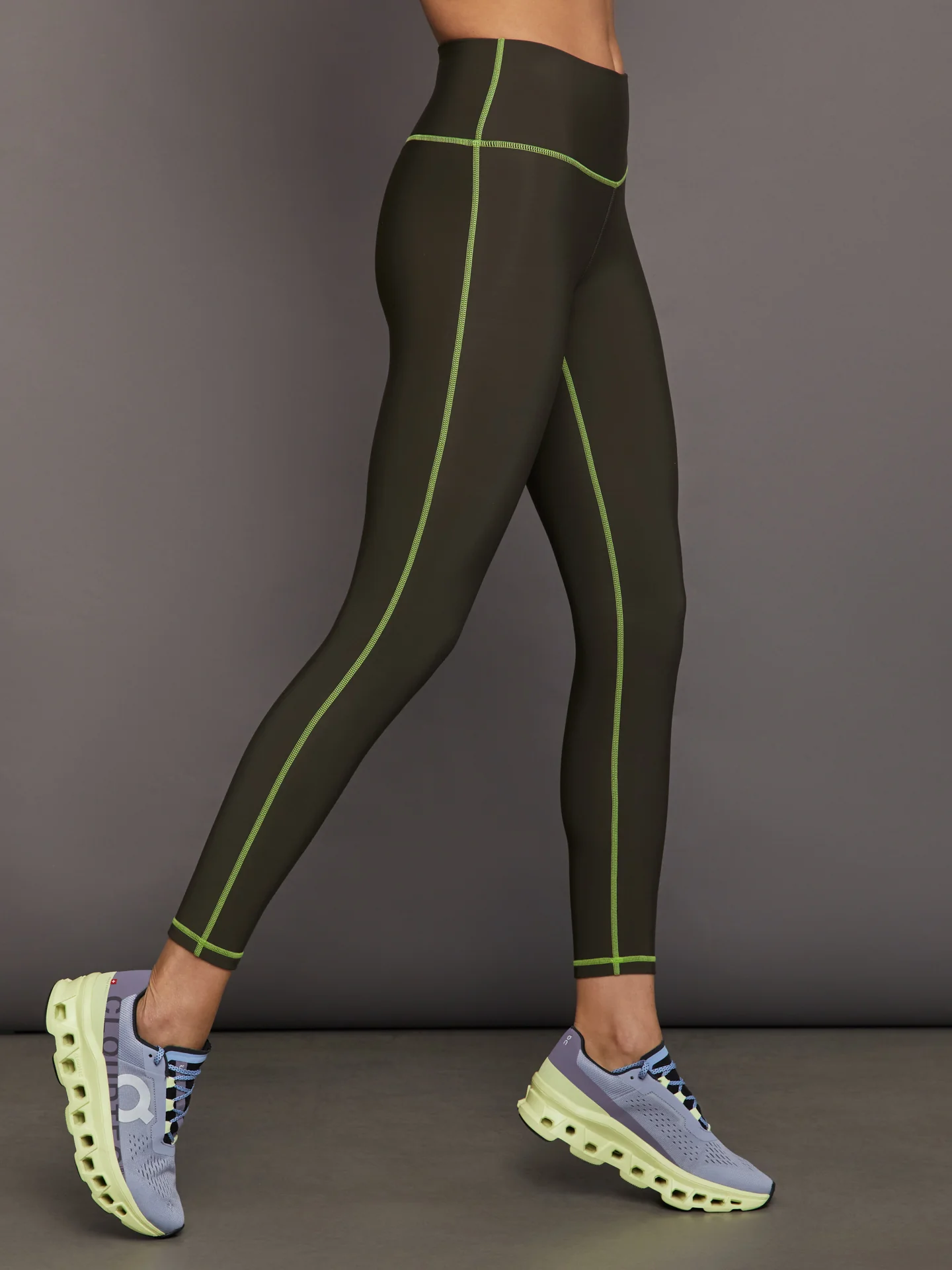 High Rise Legging with Fleece Back - Dark Olive/ Acid Lime