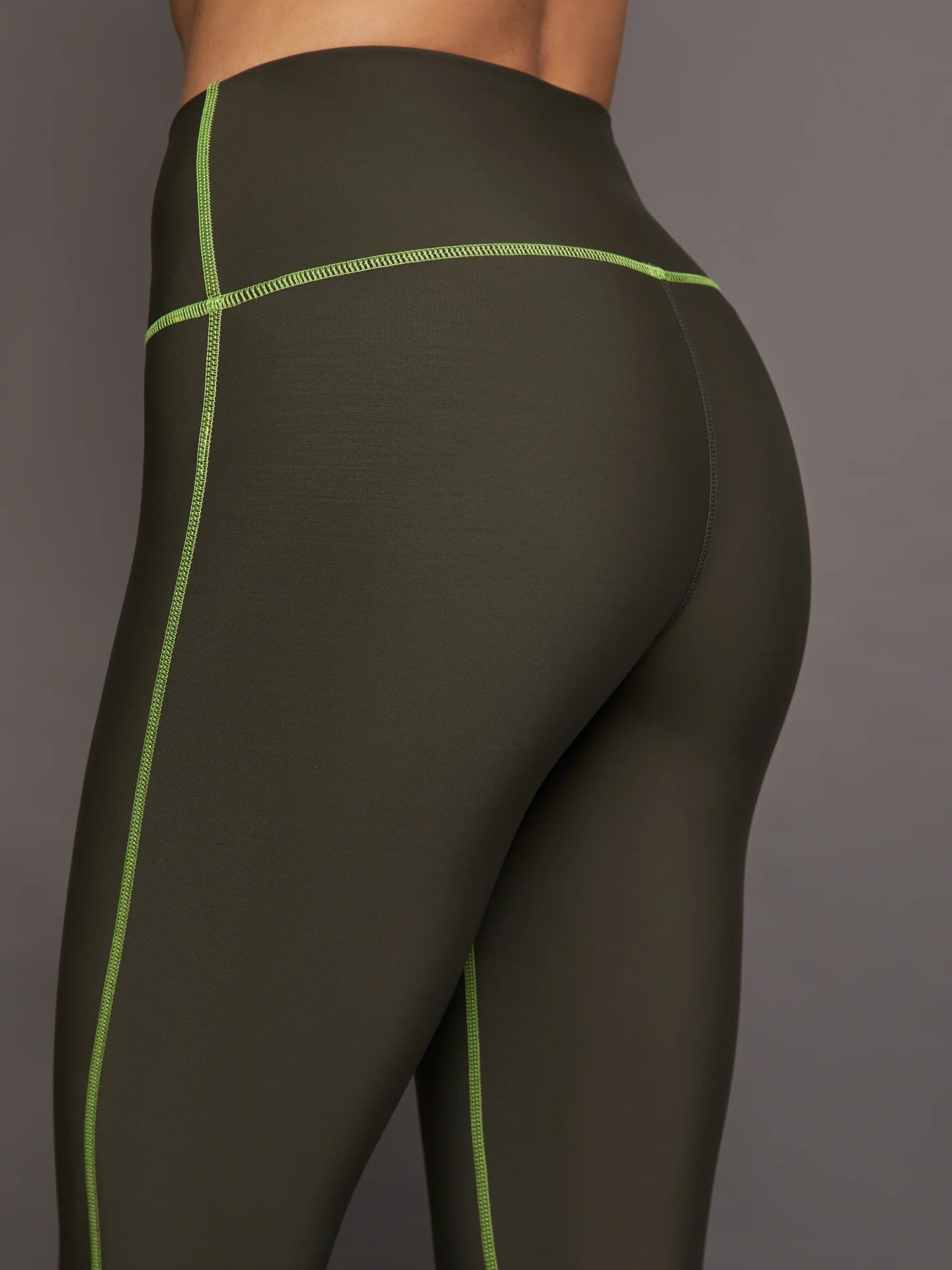 High Rise Legging with Fleece Back - Dark Olive/ Acid Lime - Image 2