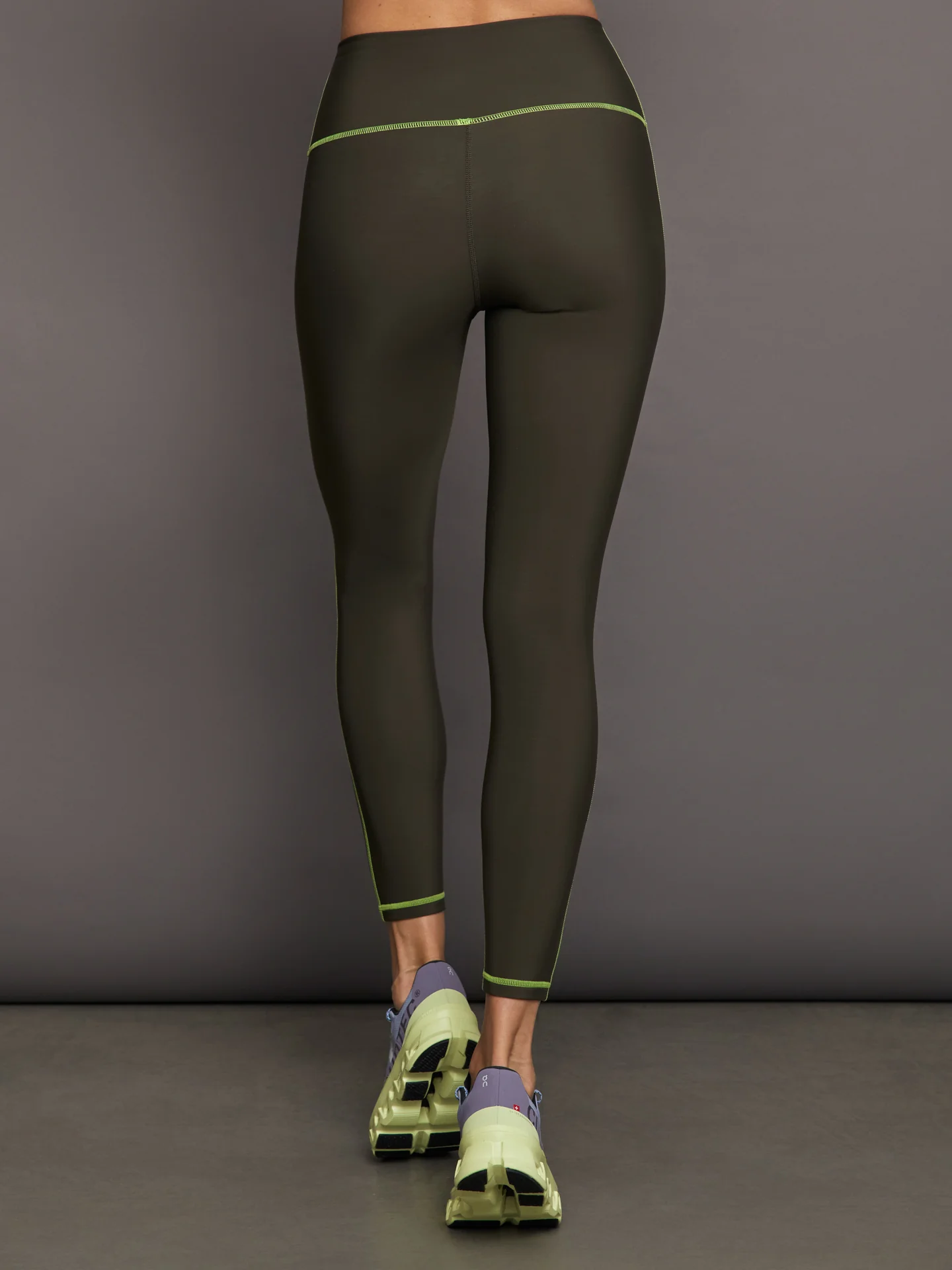 High Rise Legging with Fleece Back - Dark Olive/ Acid Lime - Image 3