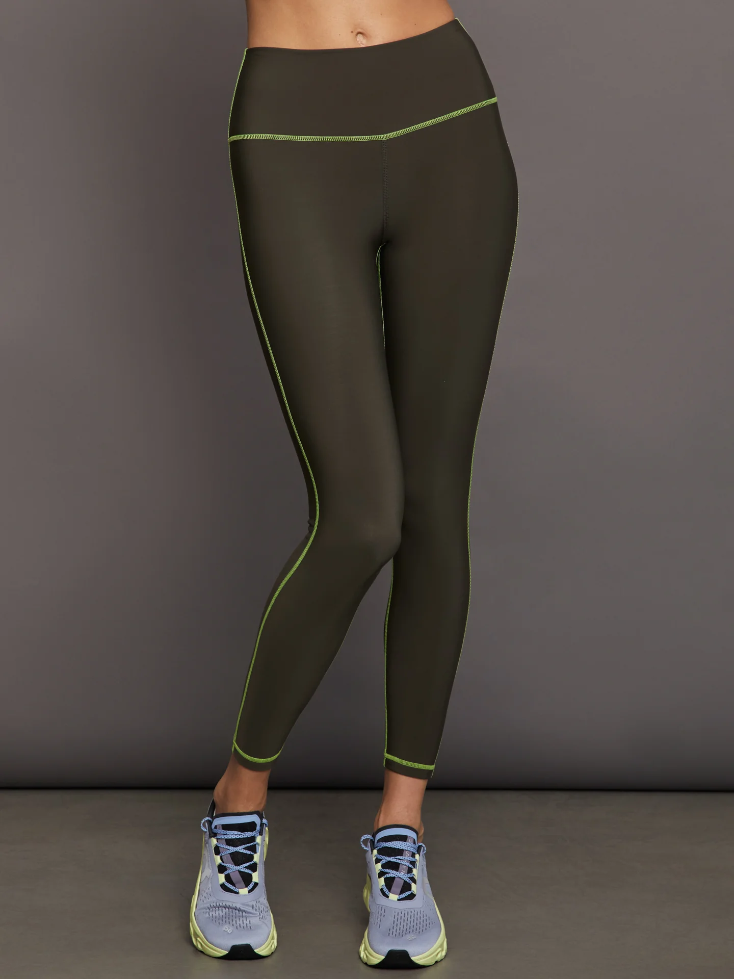 High Rise Legging with Fleece Back - Dark Olive/ Acid Lime - Image 4