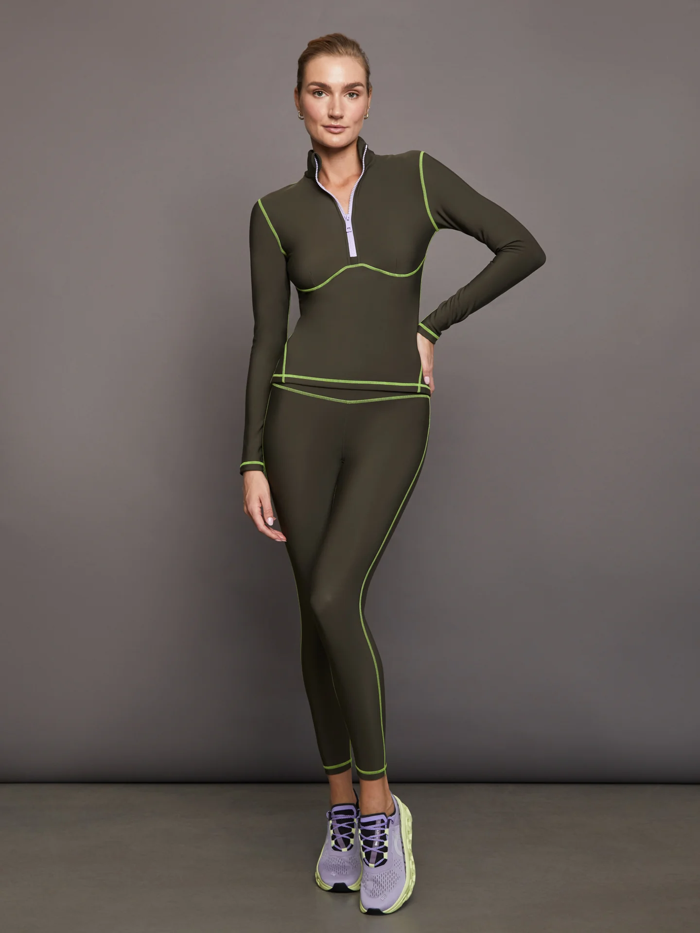 Fleece Back Half Zip Top - Dark Olive/ Acid Lime - Image 5