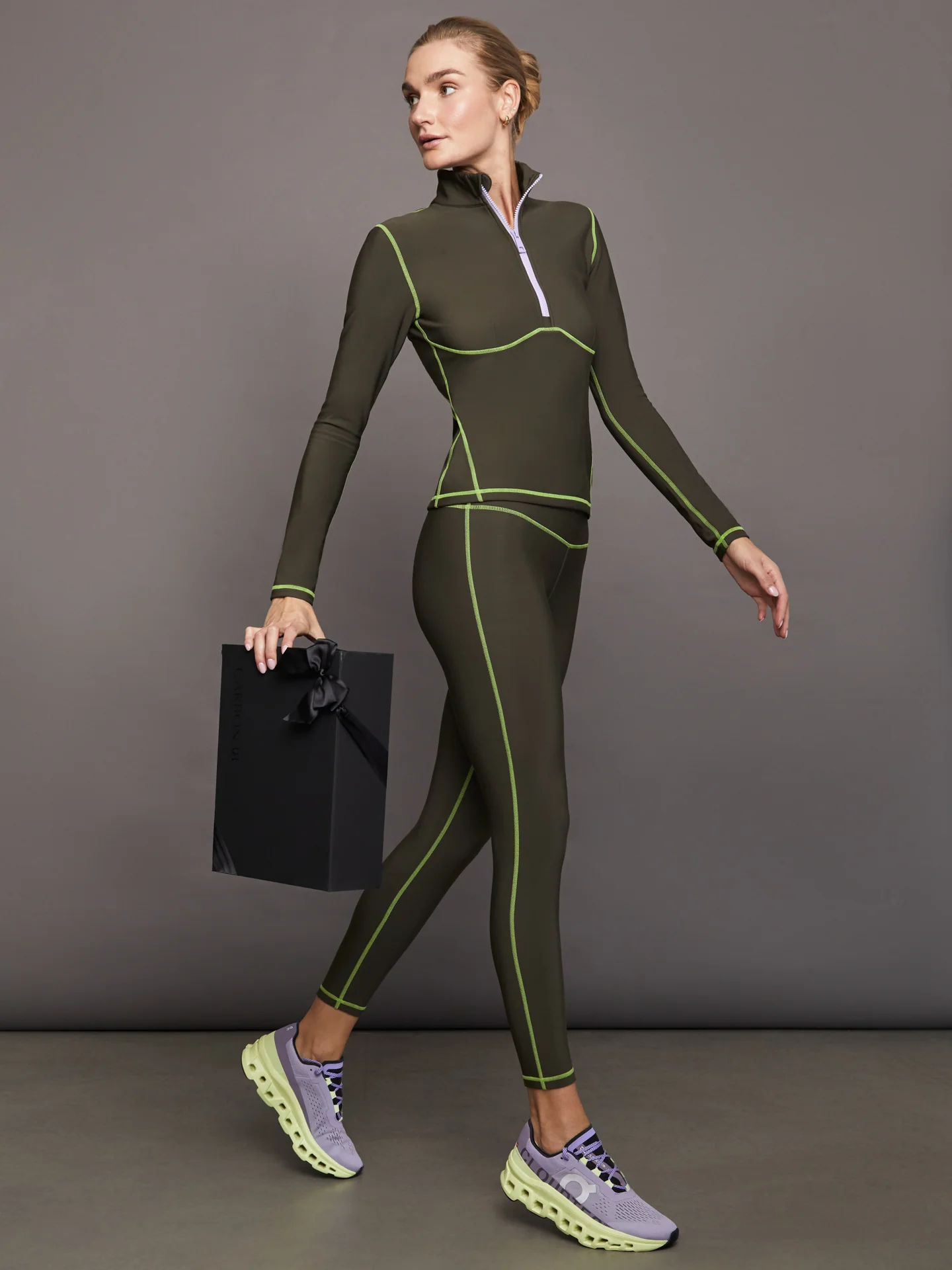 Fleece Back Half Zip Top - Dark Olive/ Acid Lime - Image 6