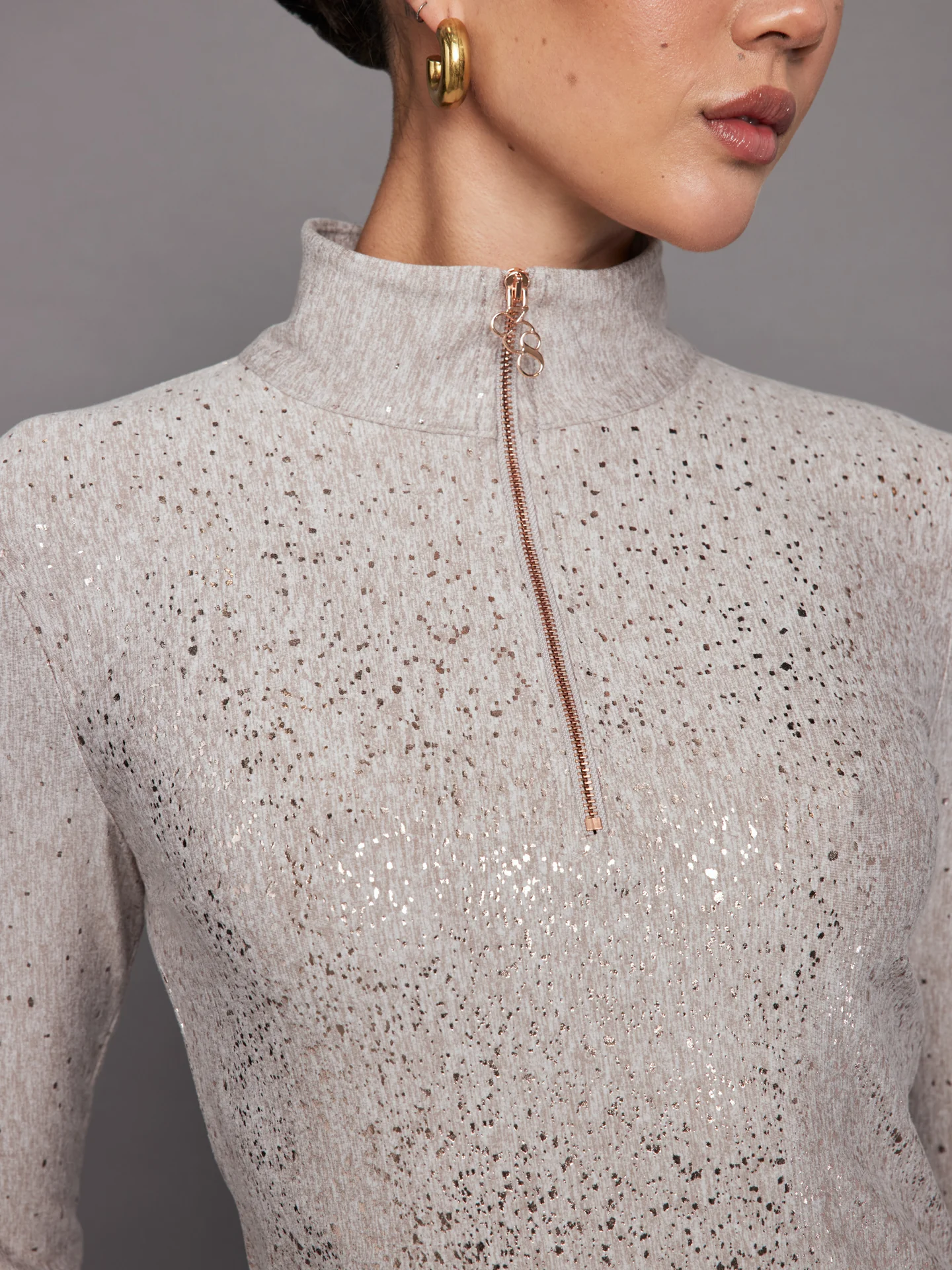 Foil Half Zip Top in Melt - Oatmeal Heather with Rose Gold Foil - Image 2