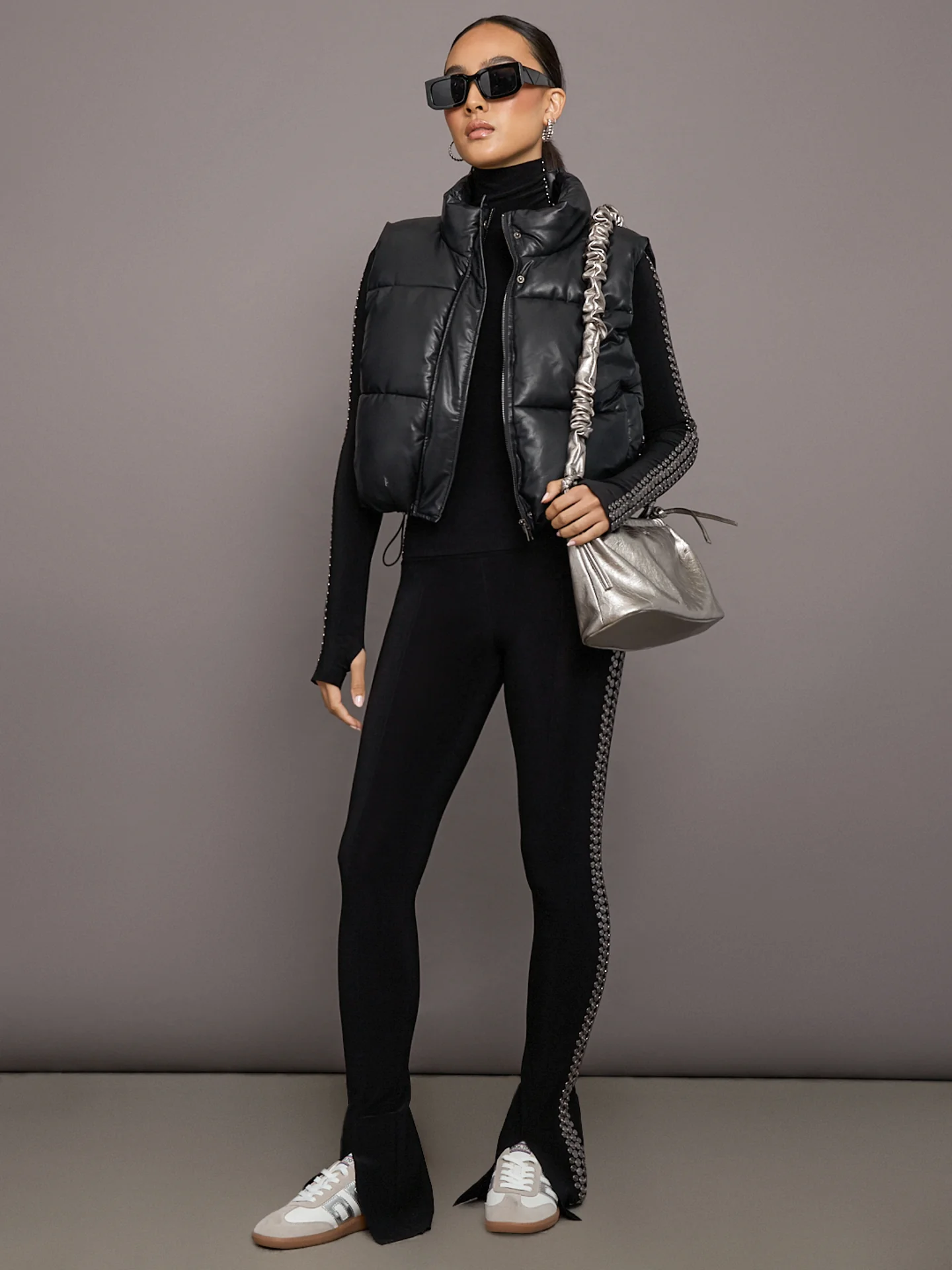 Gunmetal Stud Slim Fit Long Sleeve Turtle Top Short - Black with Side Studs - Image 7