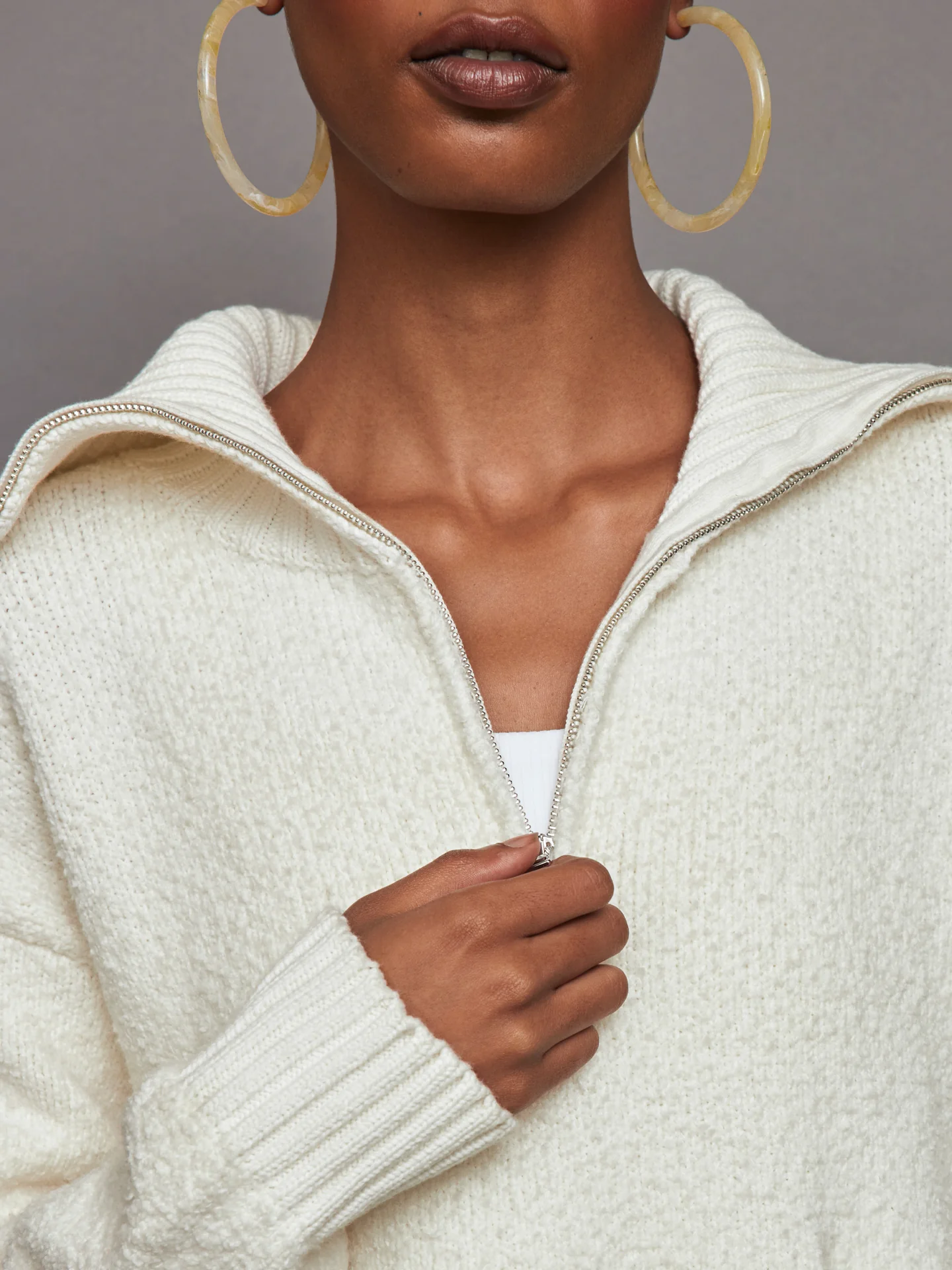 Half Zip Boucle Pullover - Winter White - Image 3