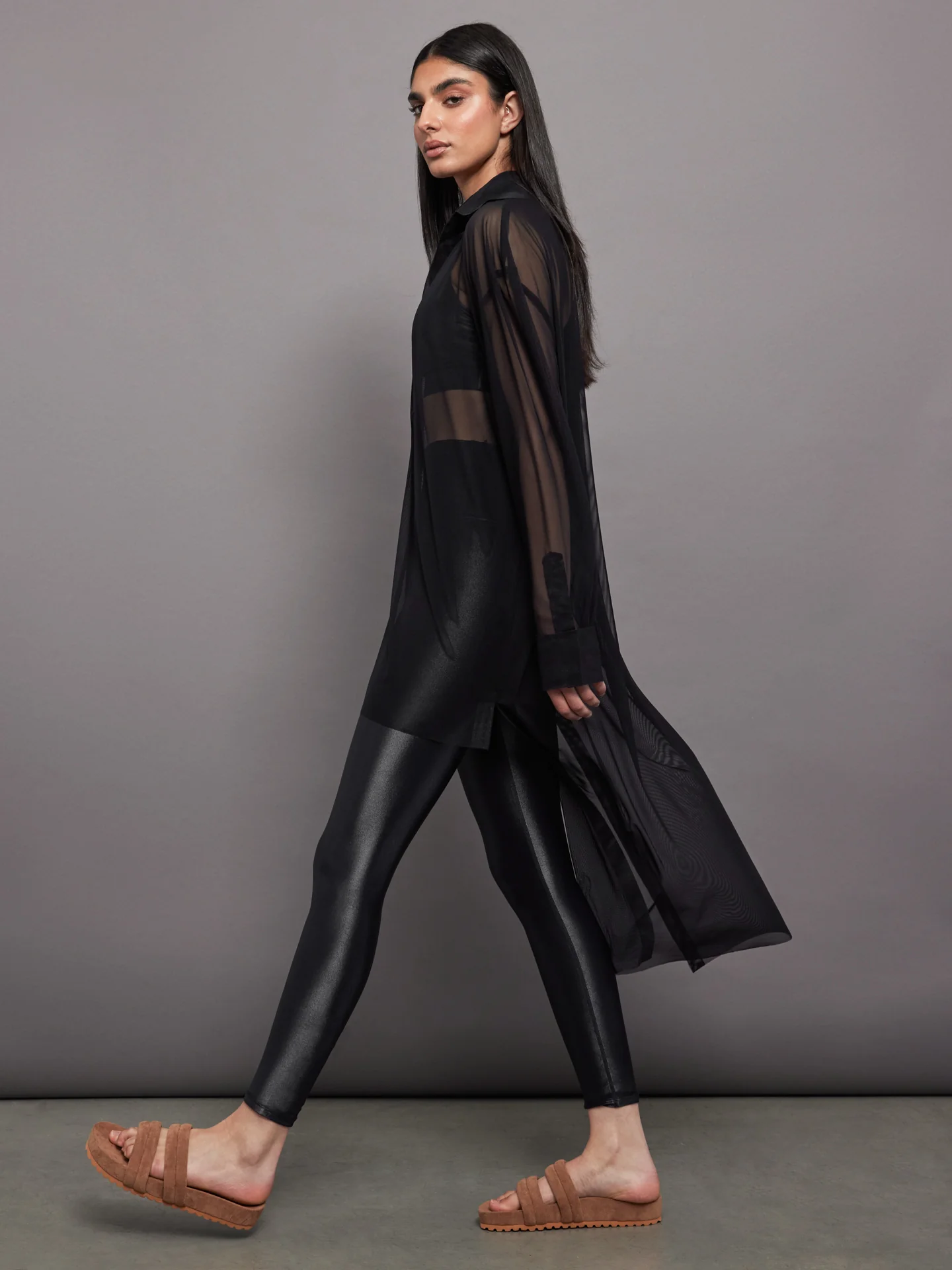 Hi Low Oversized Boyfriend Nk Shirt with Collar St - Black Mesh - Image 3