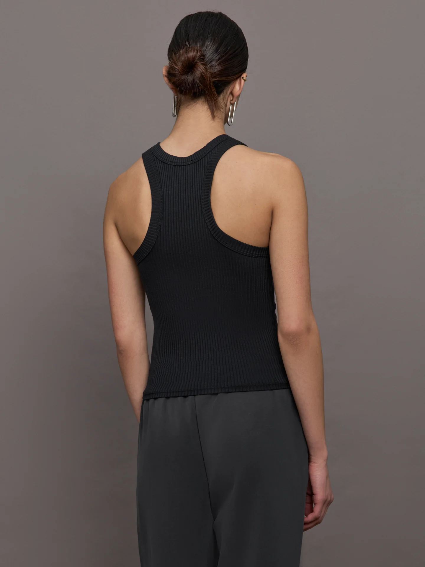 High Neck Fitted Tank in Ribbed Jersey - Black - Image 3