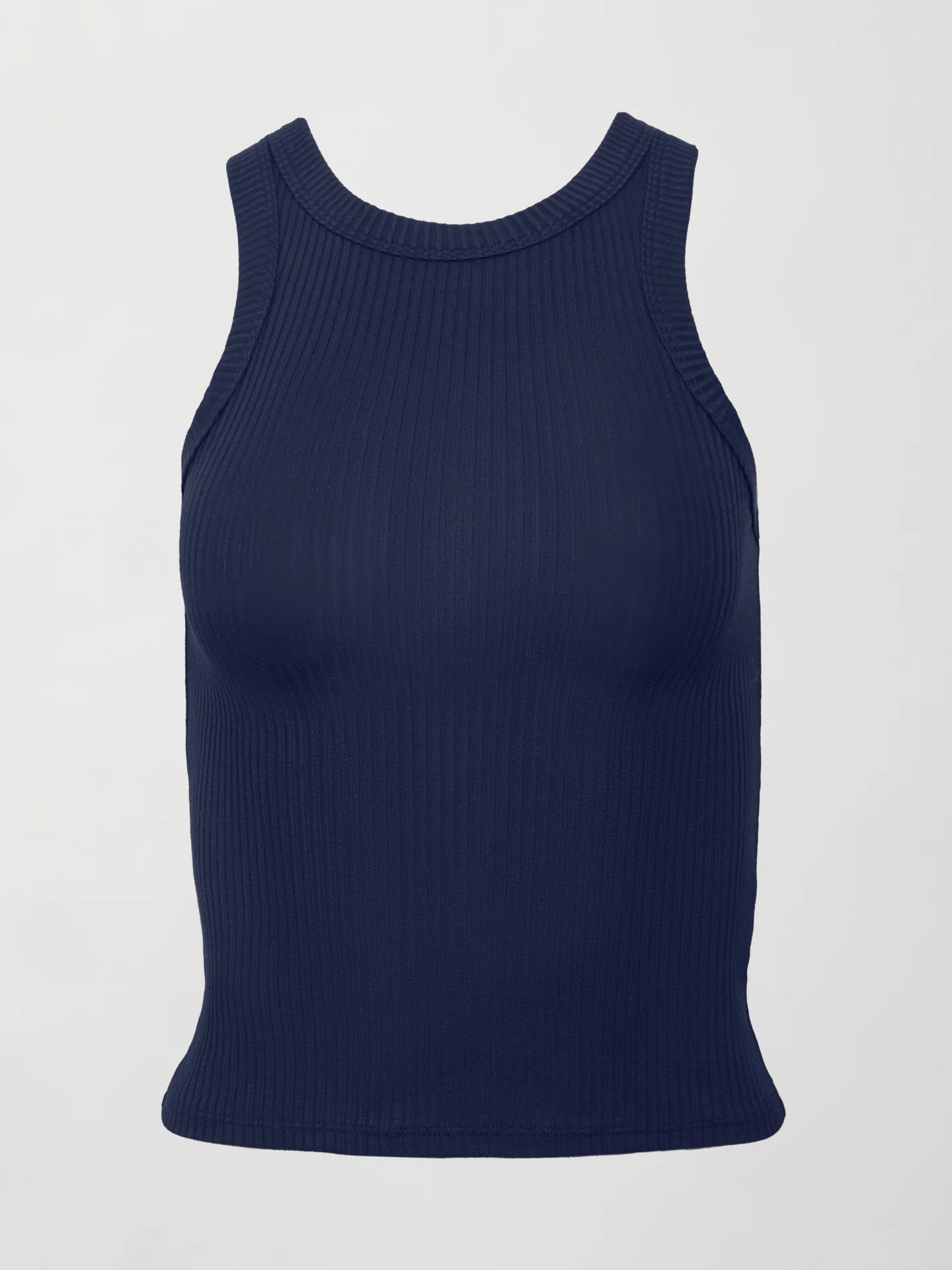 High Neck Fitted Tank in Ribbed Jersey - Navy - Image 7