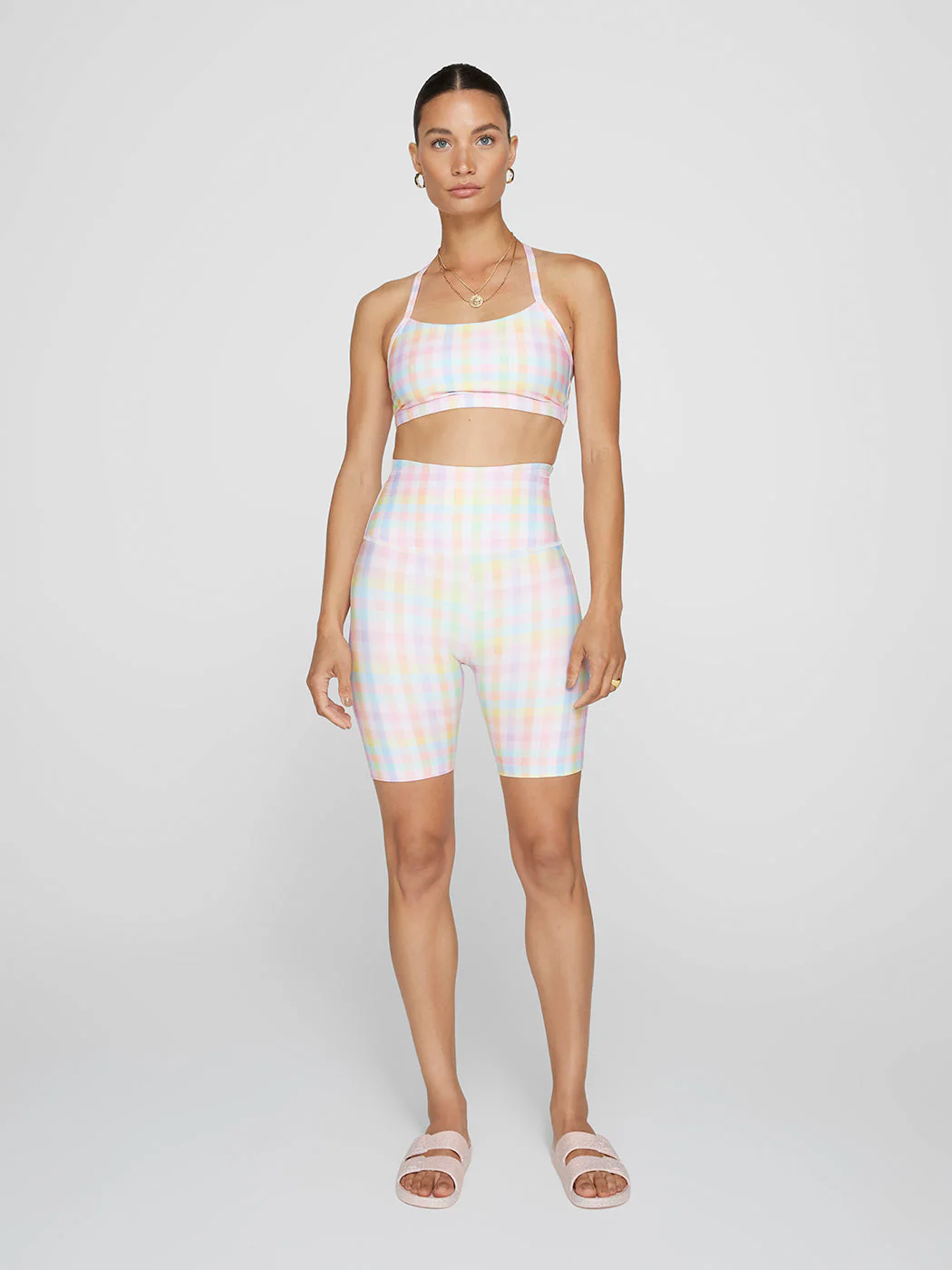 High Waisted Biker Short - Pastel Gingham - Image 2