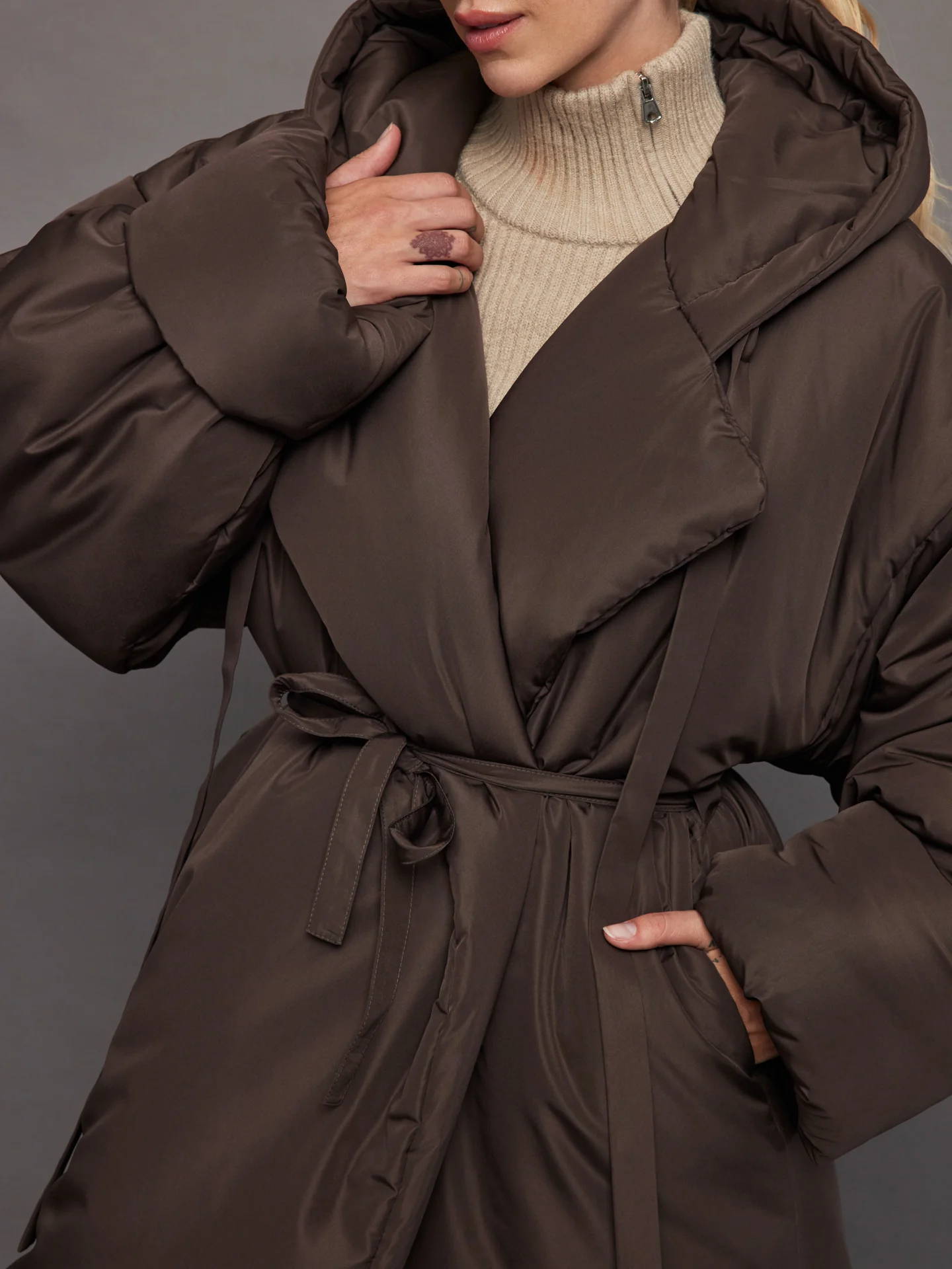 Hooded Sleeping Bag Car Coat w/ Drawstrings - Chocolate - Image 2