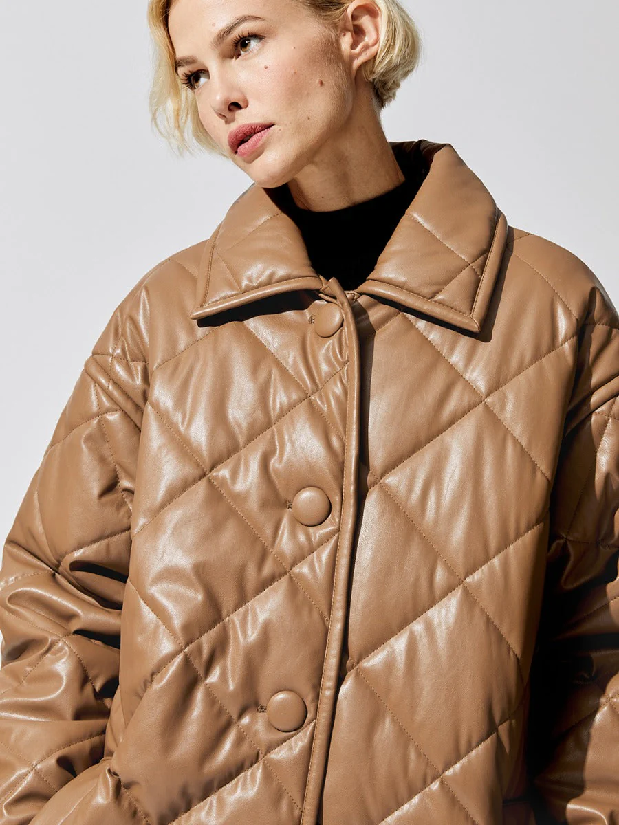 Jacey Leather Puffy Jacket - Taupe - Image 2