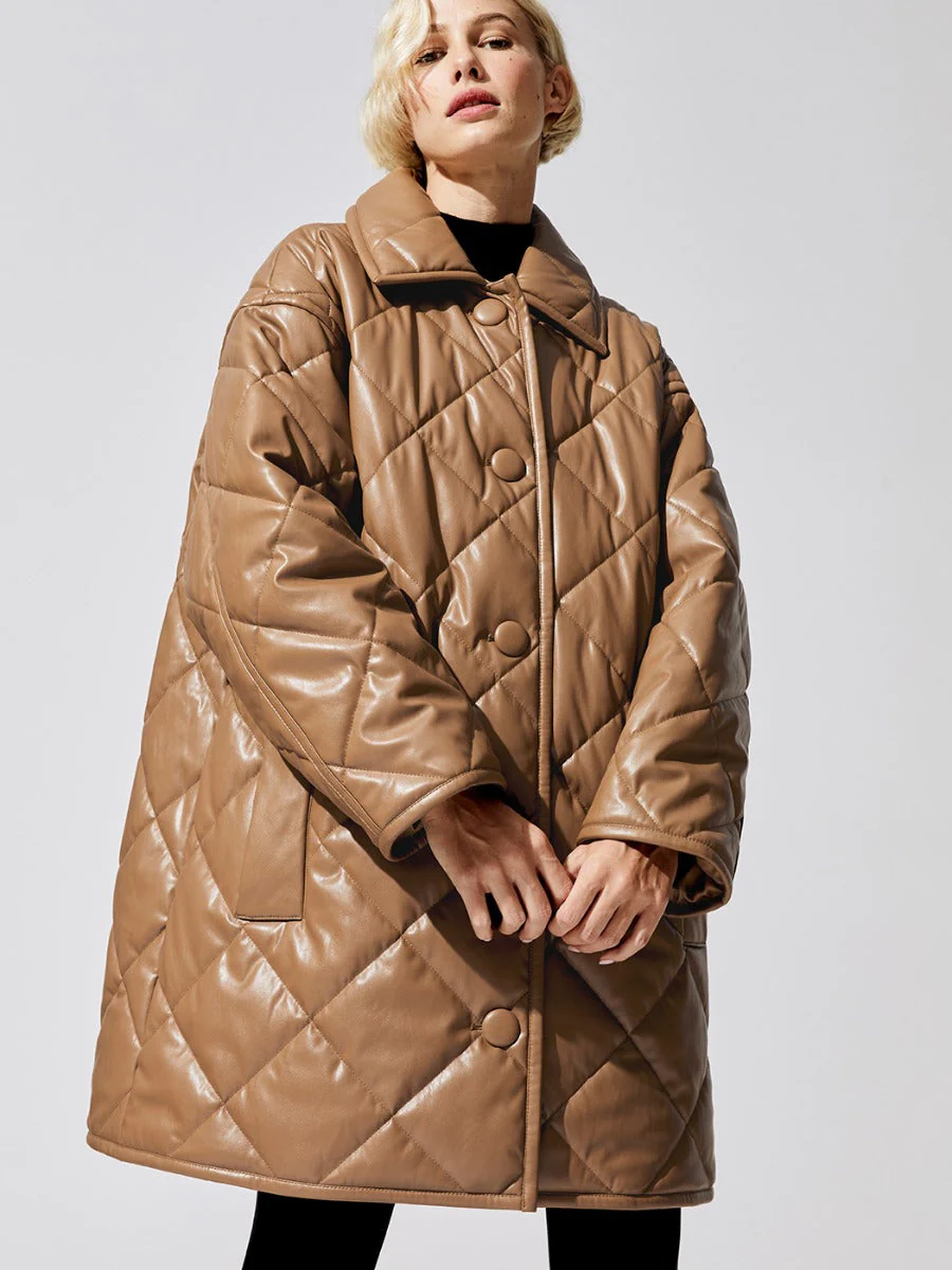 Jacey Leather Puffy Jacket - Taupe - Image 4