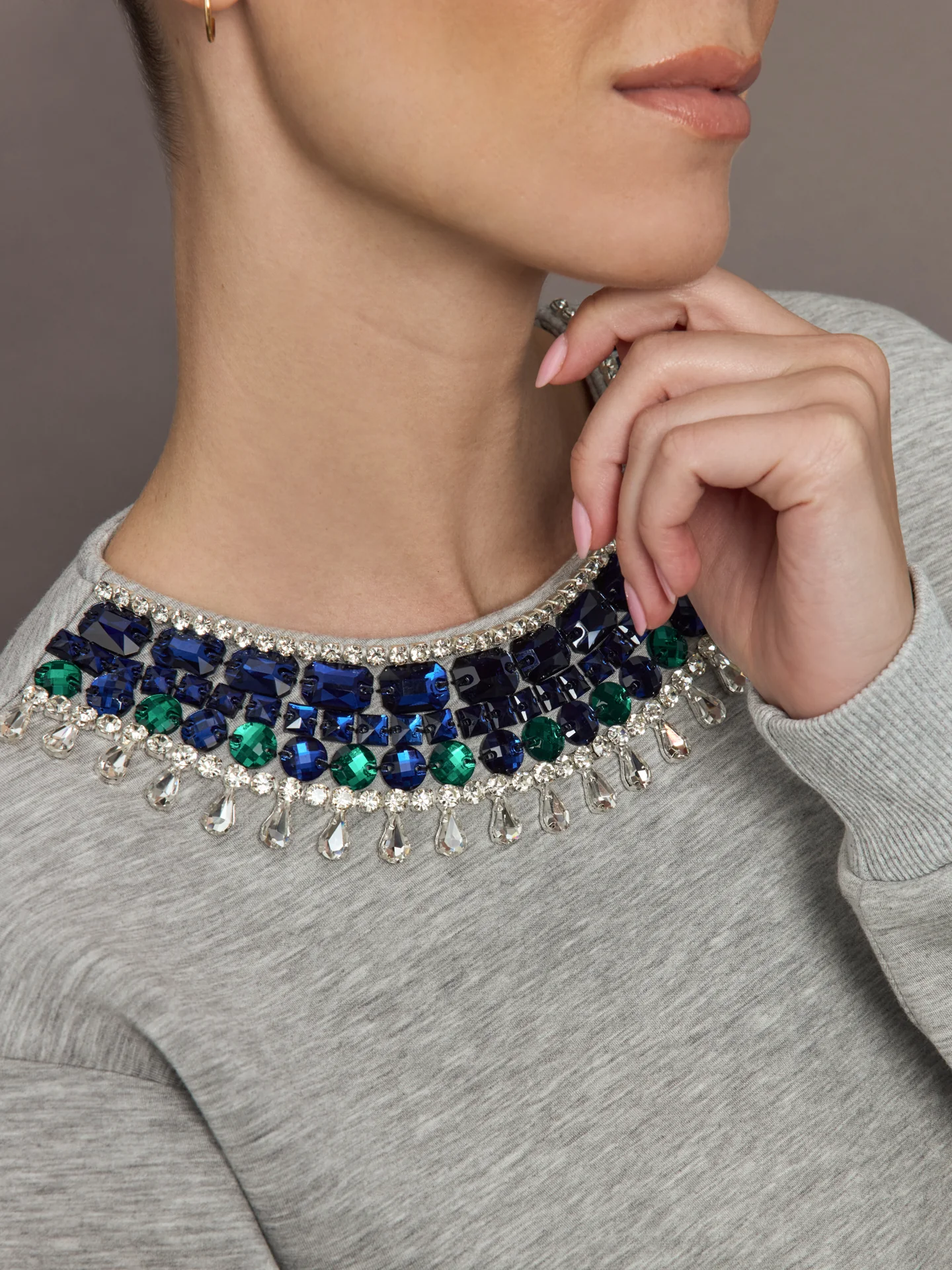 Jewel Embellished Sweatshirt in Scuba - Heather Grey - Image 2