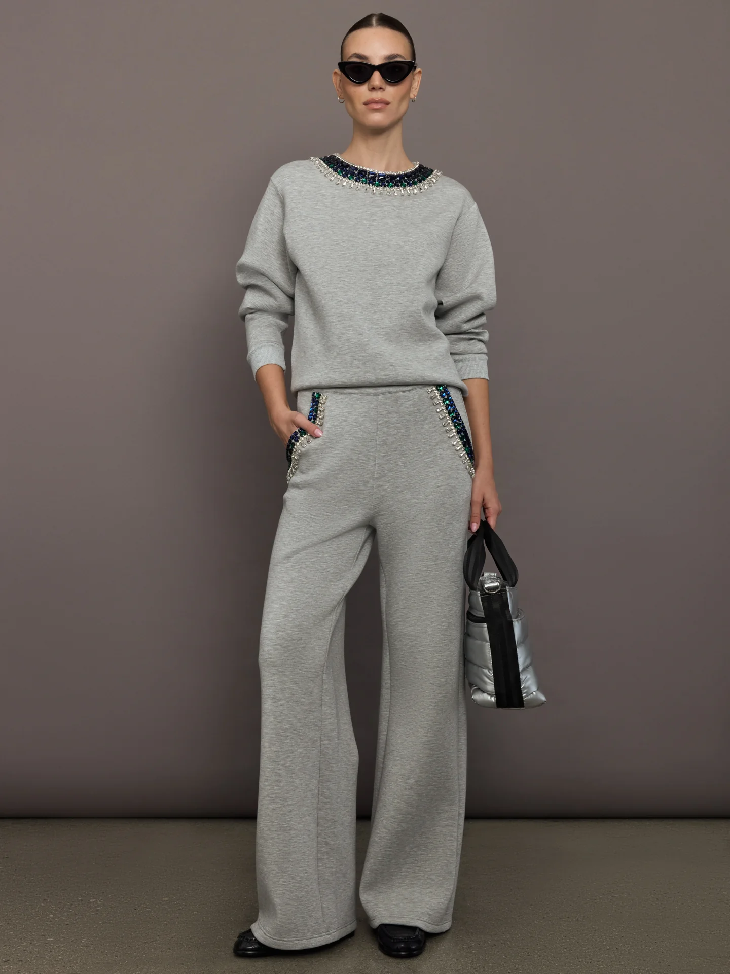 Jewel Embellished Wide Leg Pant in Scuba - Heather Grey - Image 2