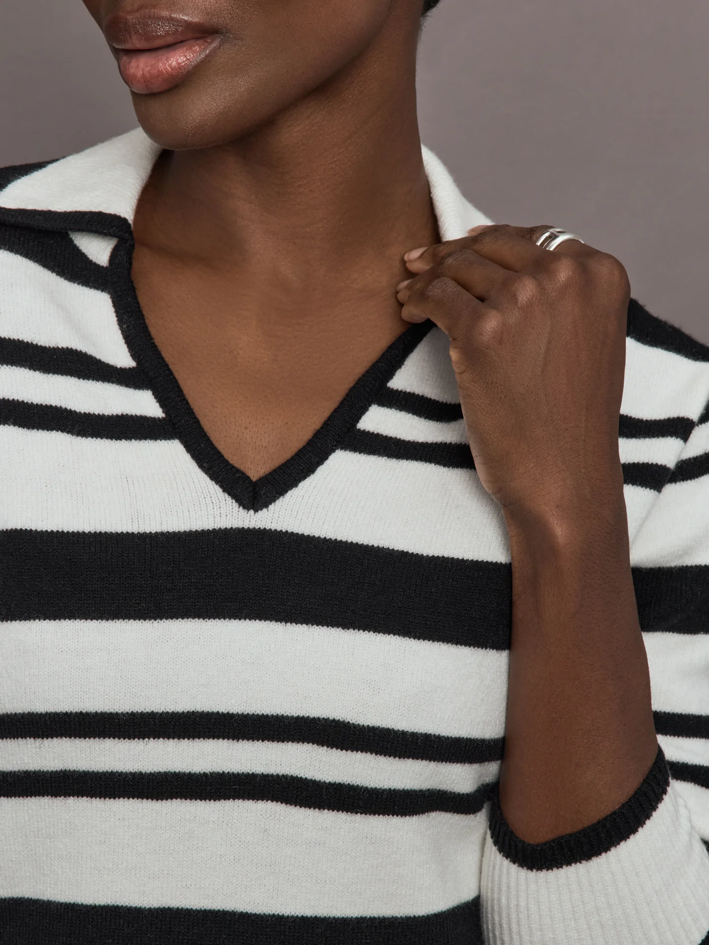 Johnny Collar Striped Sweater - Black/Cream - Image 5