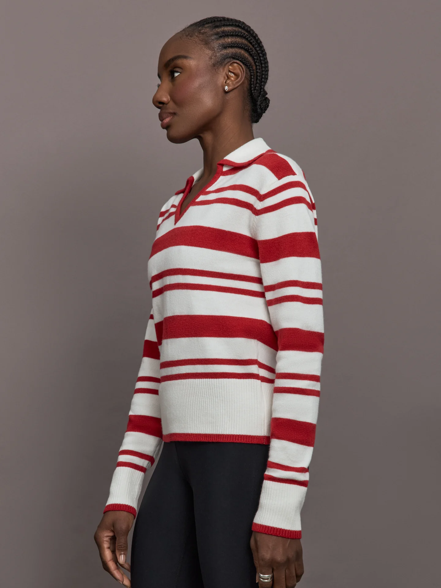 Johnny Collar Striped Sweater - Red/Cream - Image 3