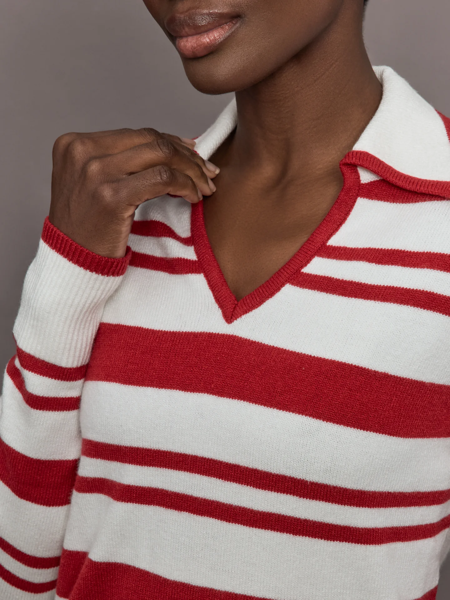 Johnny Collar Striped Sweater - Red/Cream - Image 5