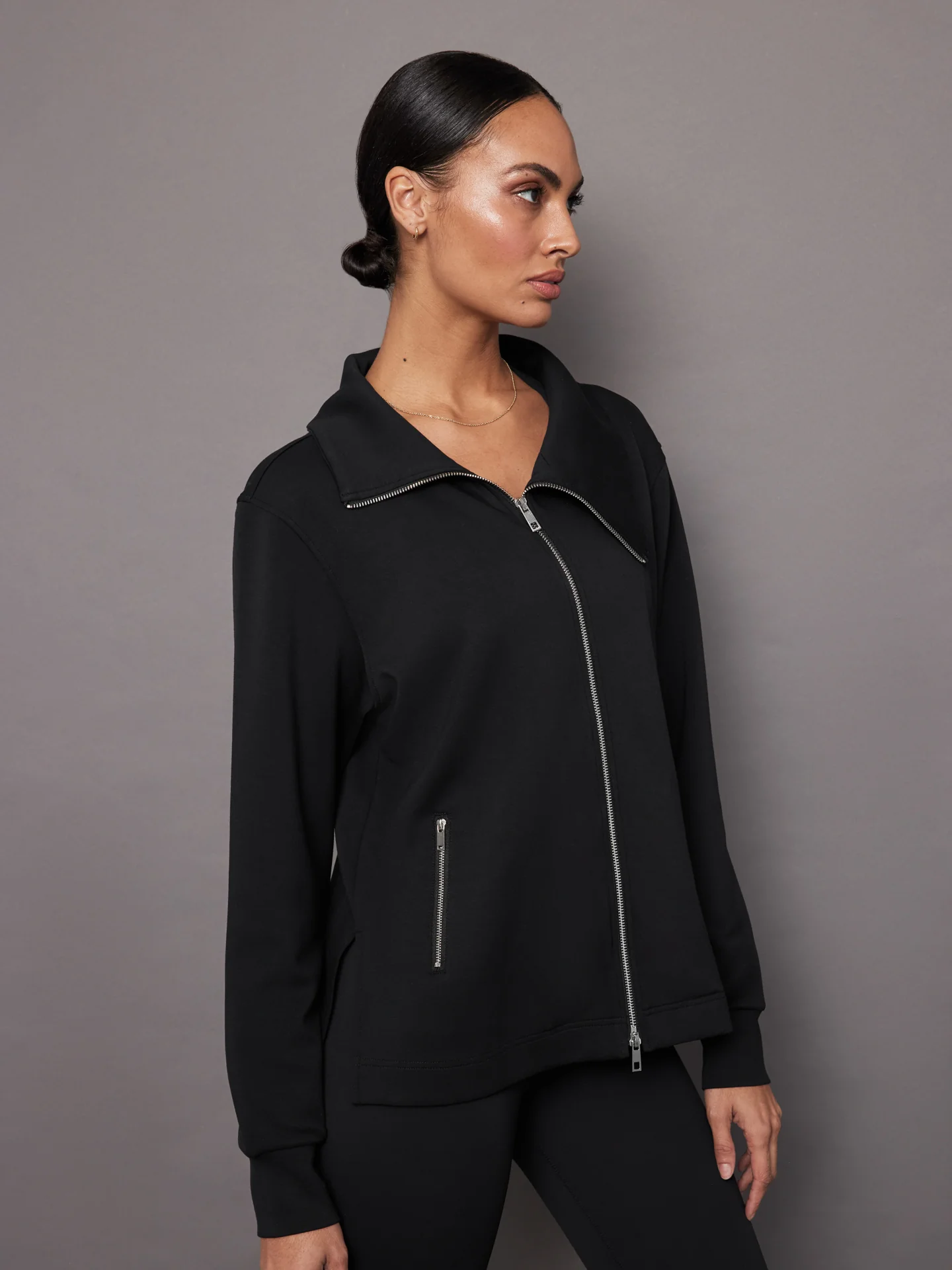 Knit Jacket with Asymmetrical Zip in Interlock - Black - Image 3
