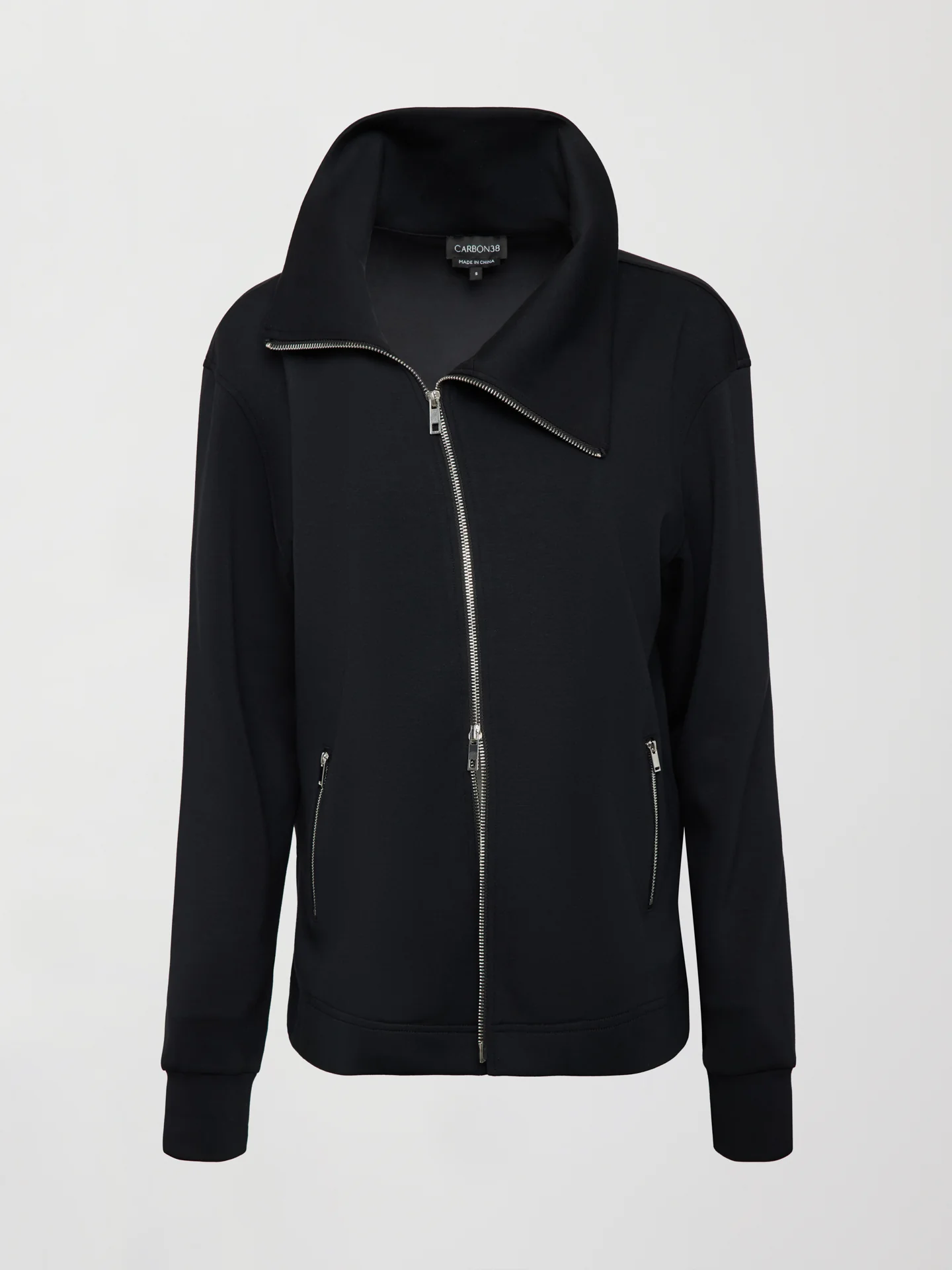 Knit Jacket with Asymmetrical Zip in Interlock - Black - Image 7
