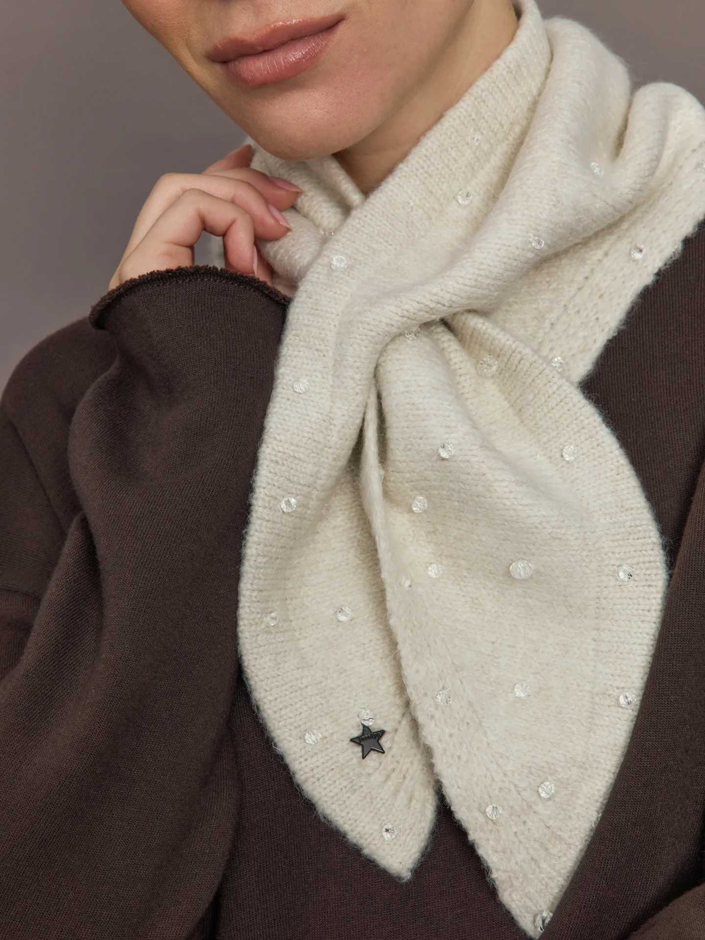 Knit Triangle Pull Thru Scarf with Hand Sewn Beands - Ivory - Image 2