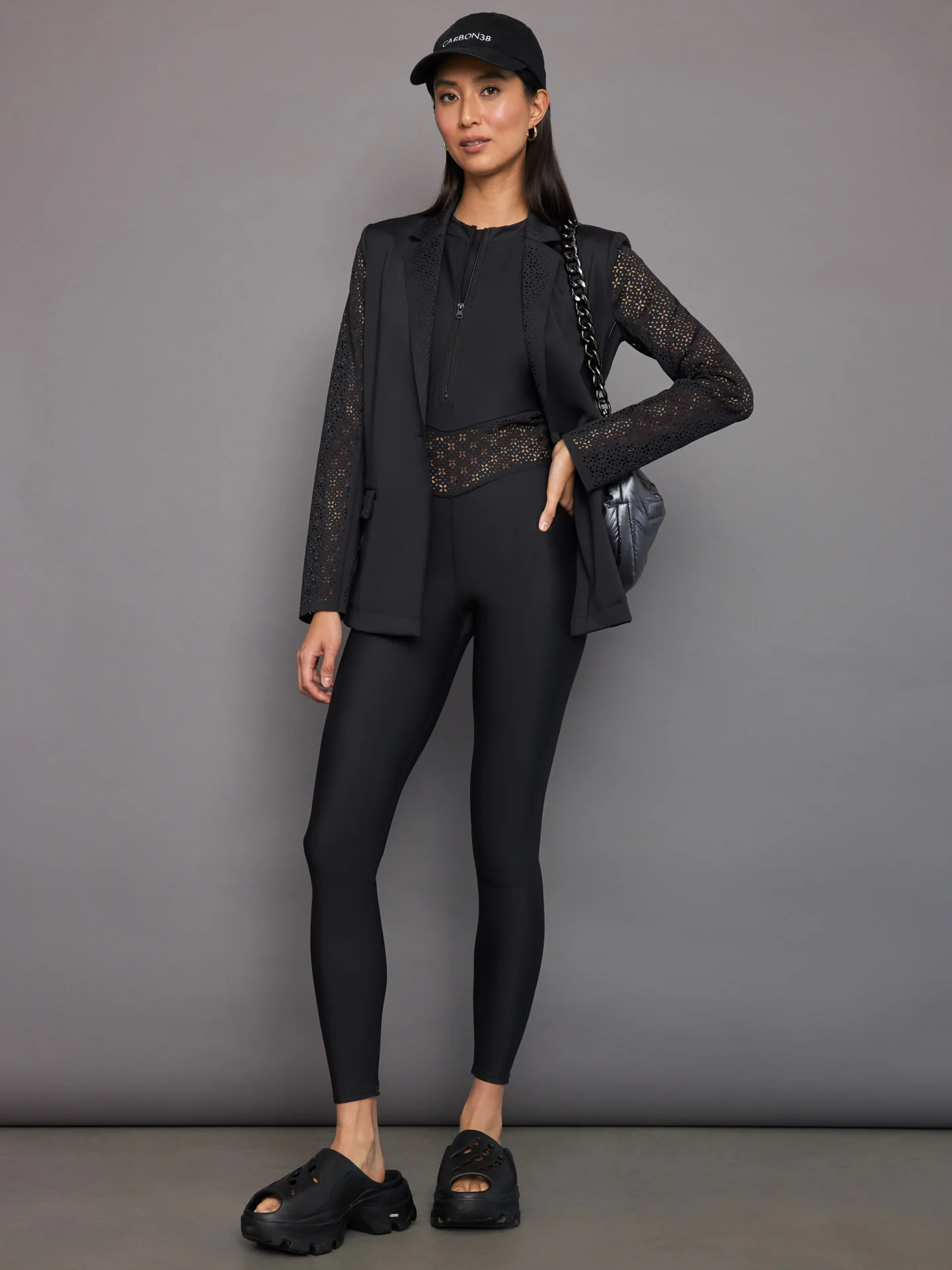 Laser Cut Jumpsuit in Diamond Compression - Black - Image 6