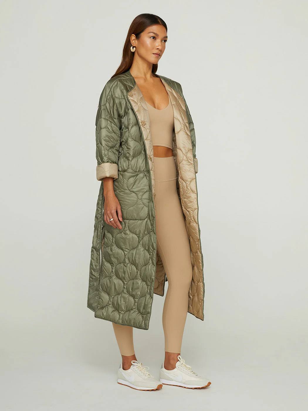 Long Quilted Jacket - Silvery Green - Image 4
