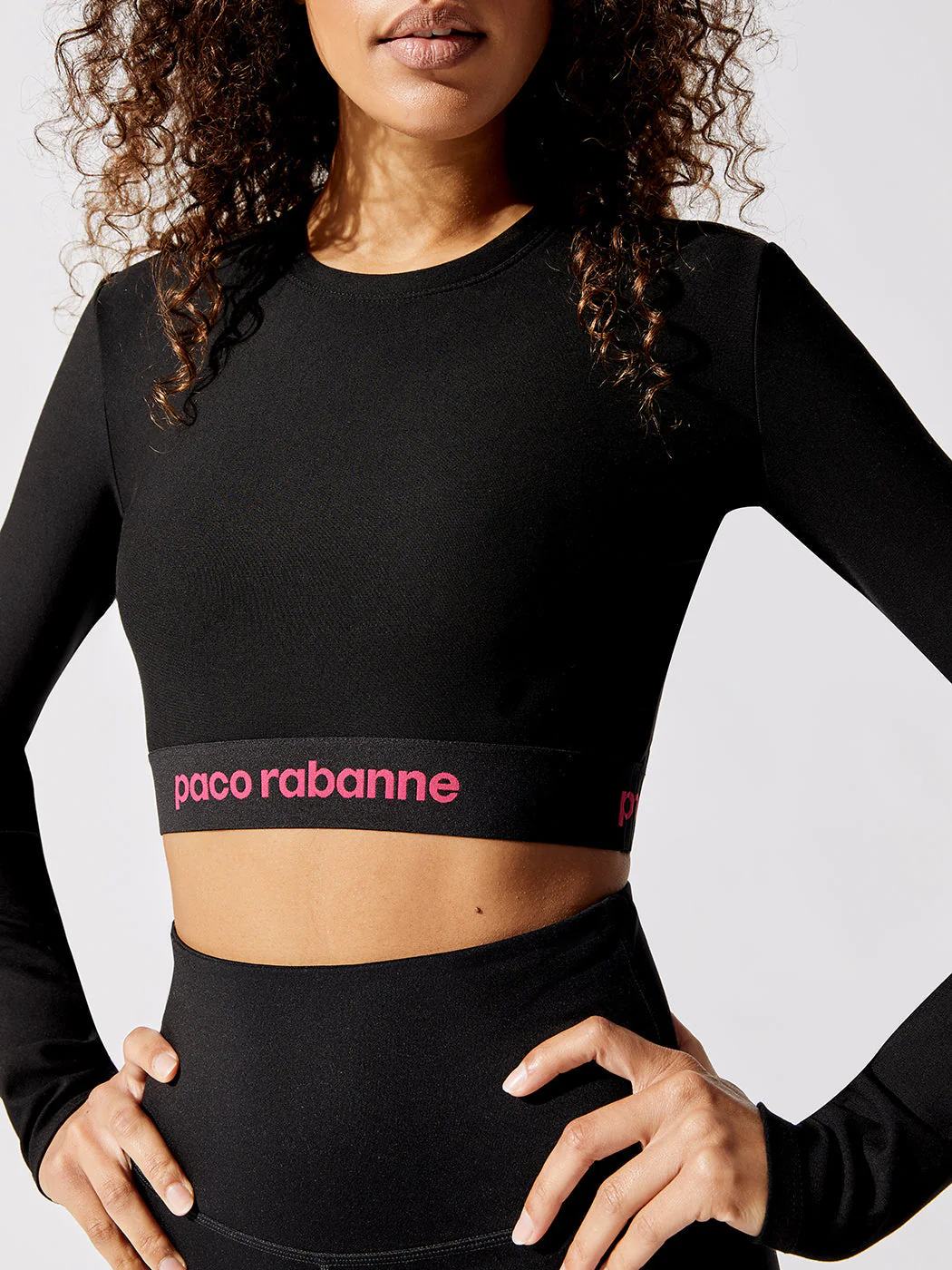 Long Sleeve Active Crop Top - Black-Hot Pink - Image 2