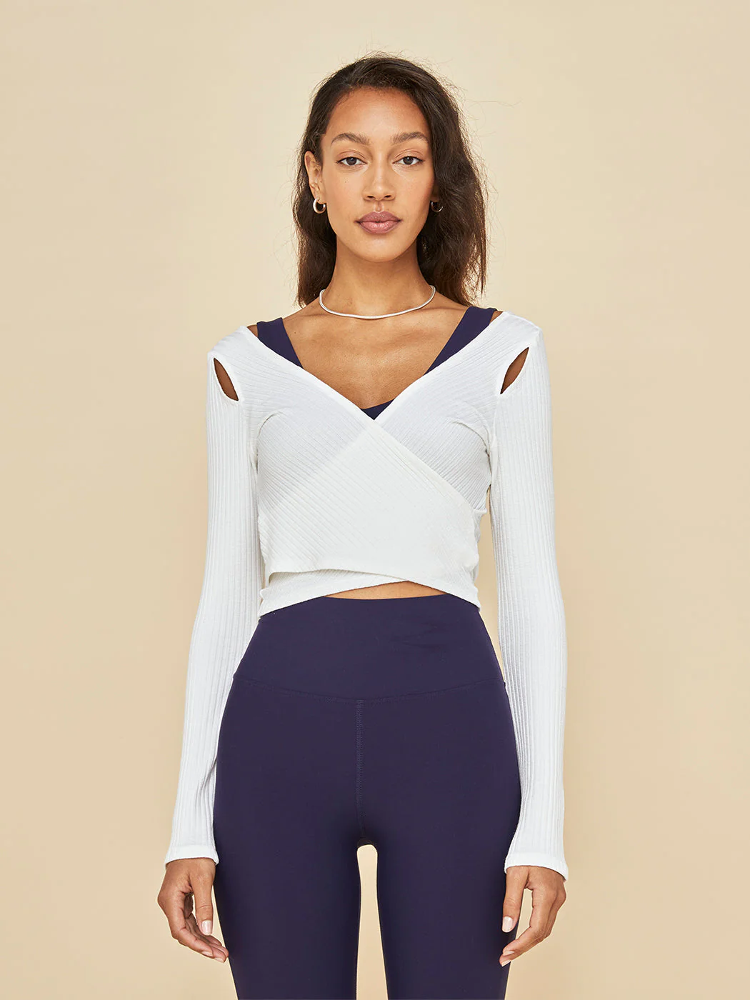 Long Sleeve Cut Out Wrap Top - White - Image 2