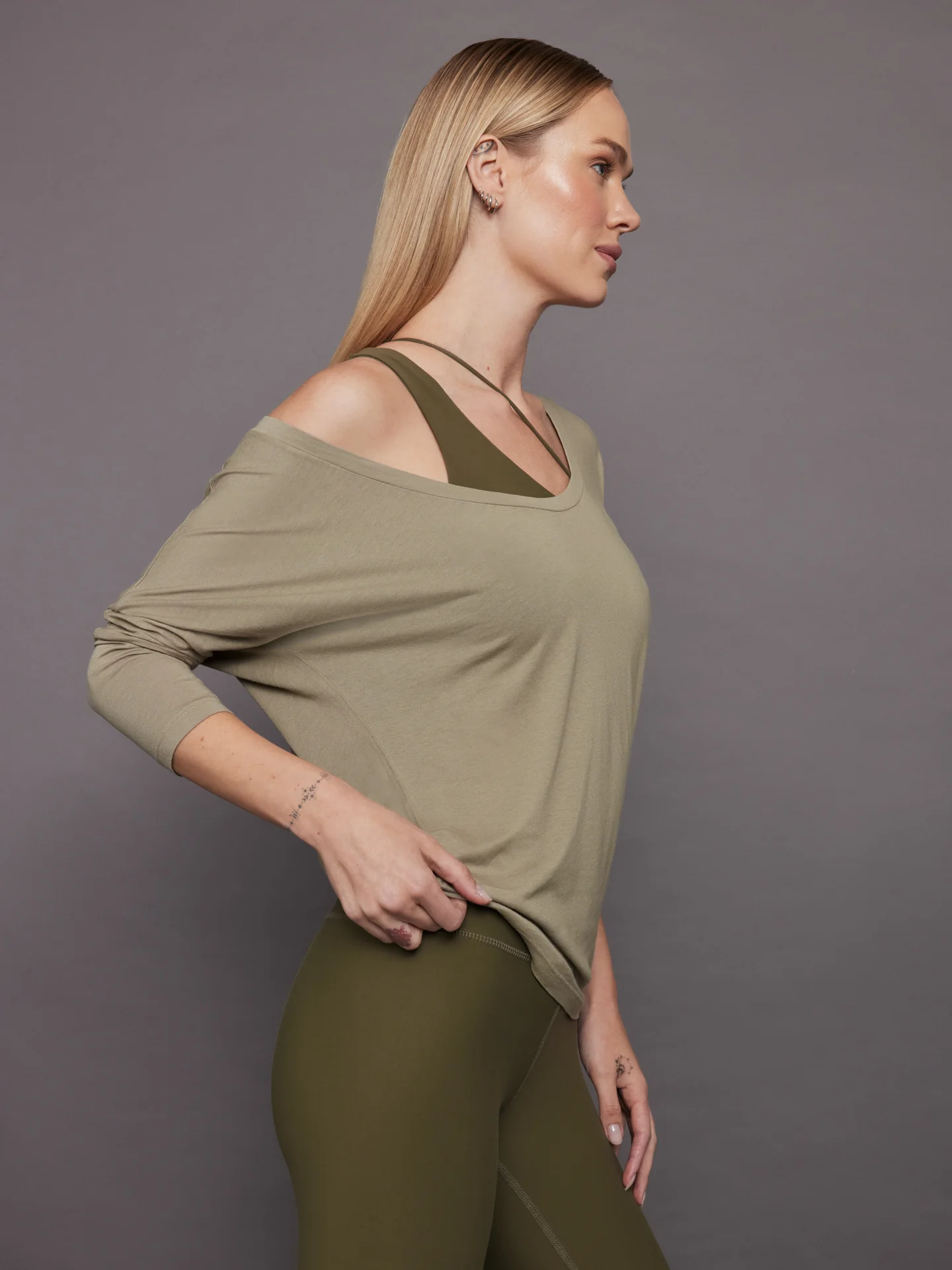 Long Sleeve Off Shoulder Tee - Silversage - Image 3