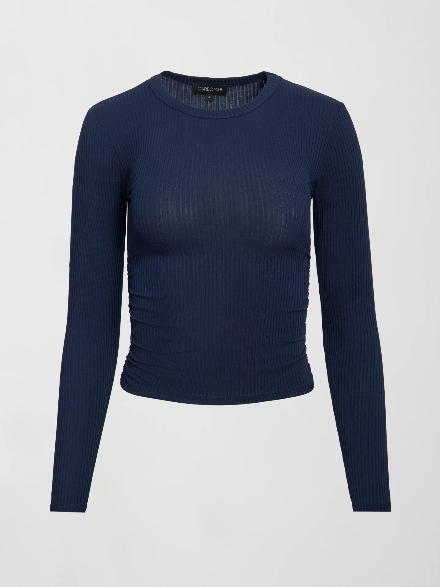 Long Sleeve Ruched Top in Ribbed Jersey - Navy - Image 7
