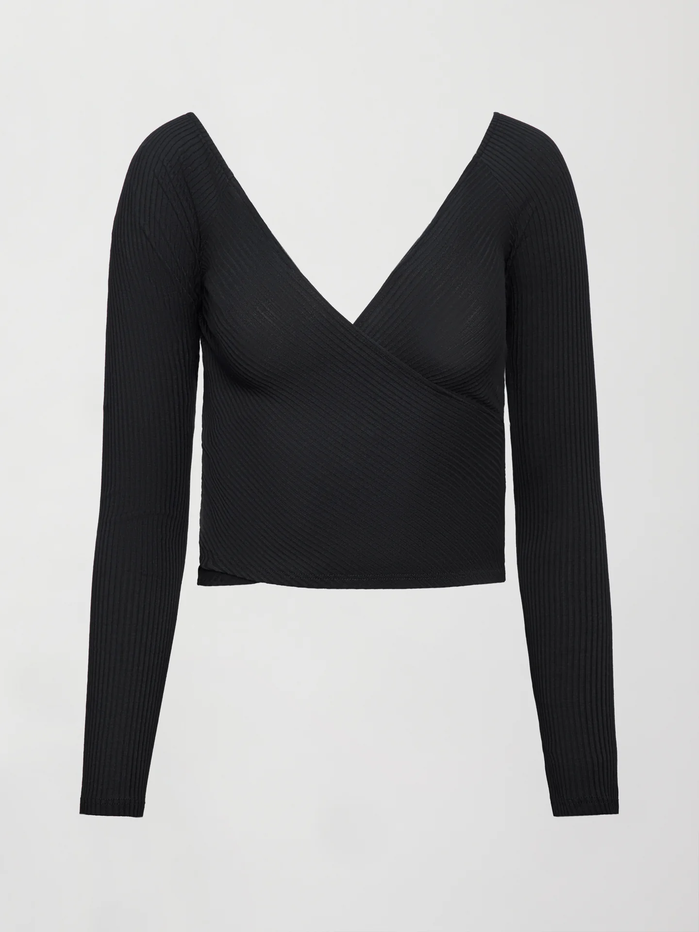 Long Sleeve Wrap Top in Ribbed Jersey - Black - Image 8
