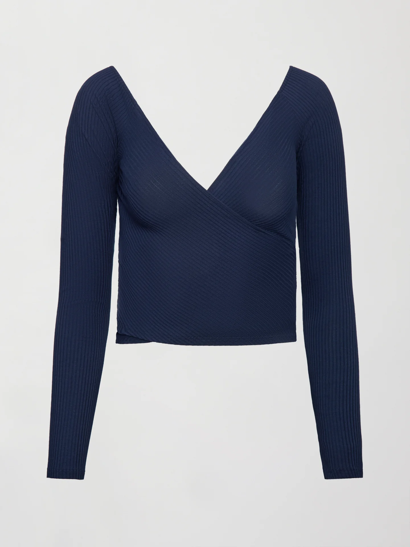 Long Sleeve Wrap Top in Ribbed Jersey - Navy - Image 8