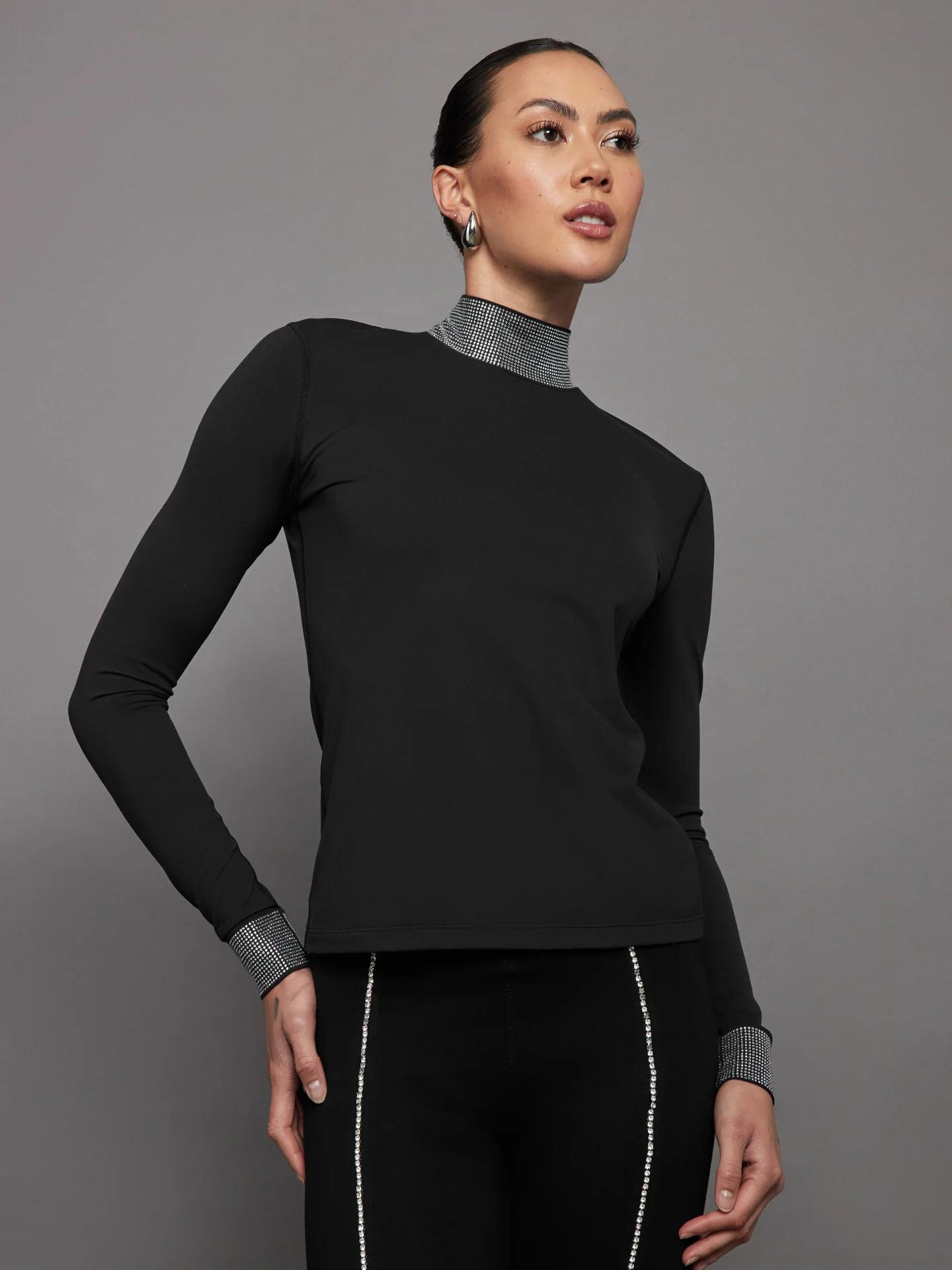 Long Sleeve Mock Neck Rhinestone Top - Black