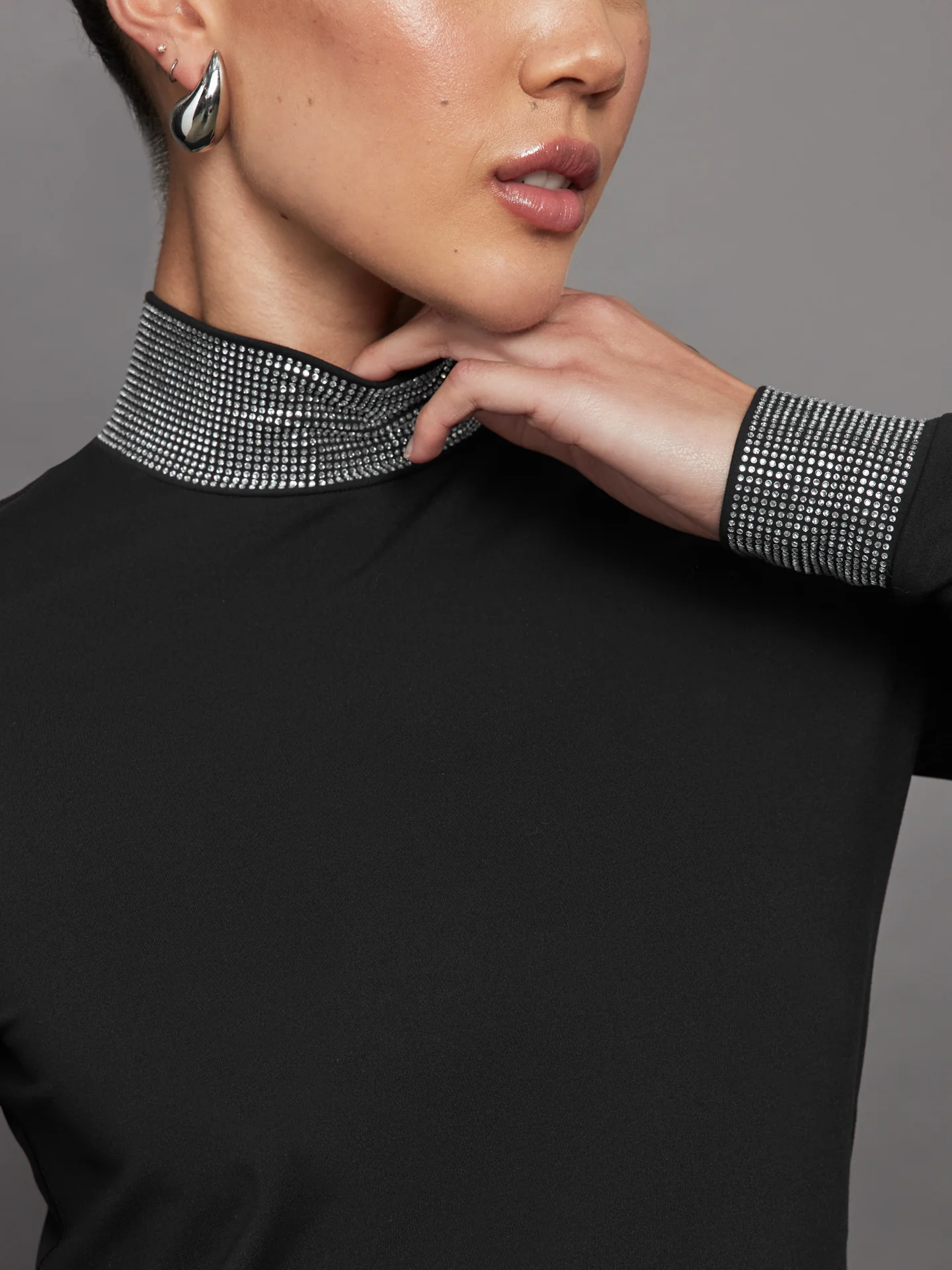 Long Sleeve Mock Neck Rhinestone Top - Black - Image 2