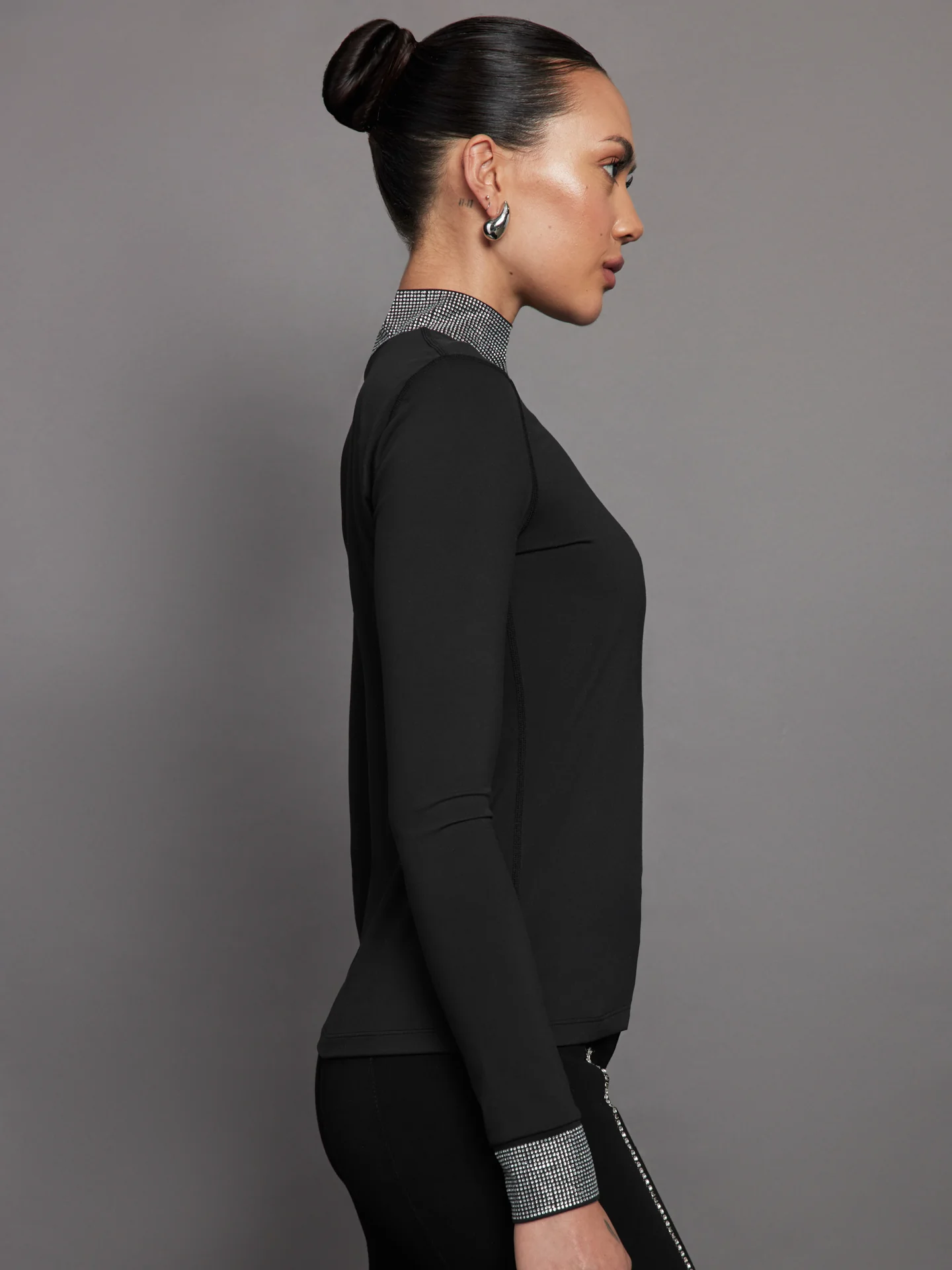 Long Sleeve Mock Neck Rhinestone Top - Black - Image 3