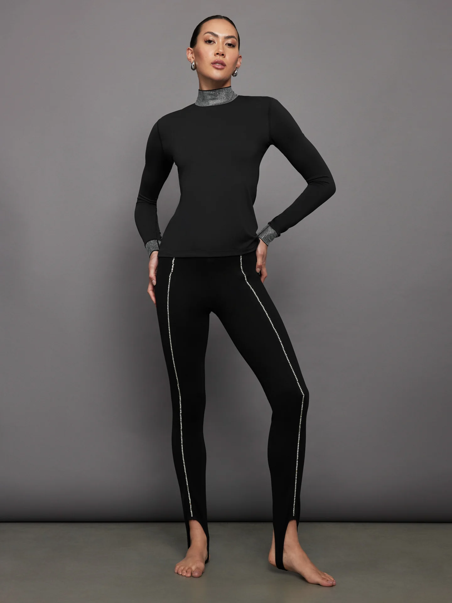 Long Sleeve Mock Neck Rhinestone Top - Black - Image 5