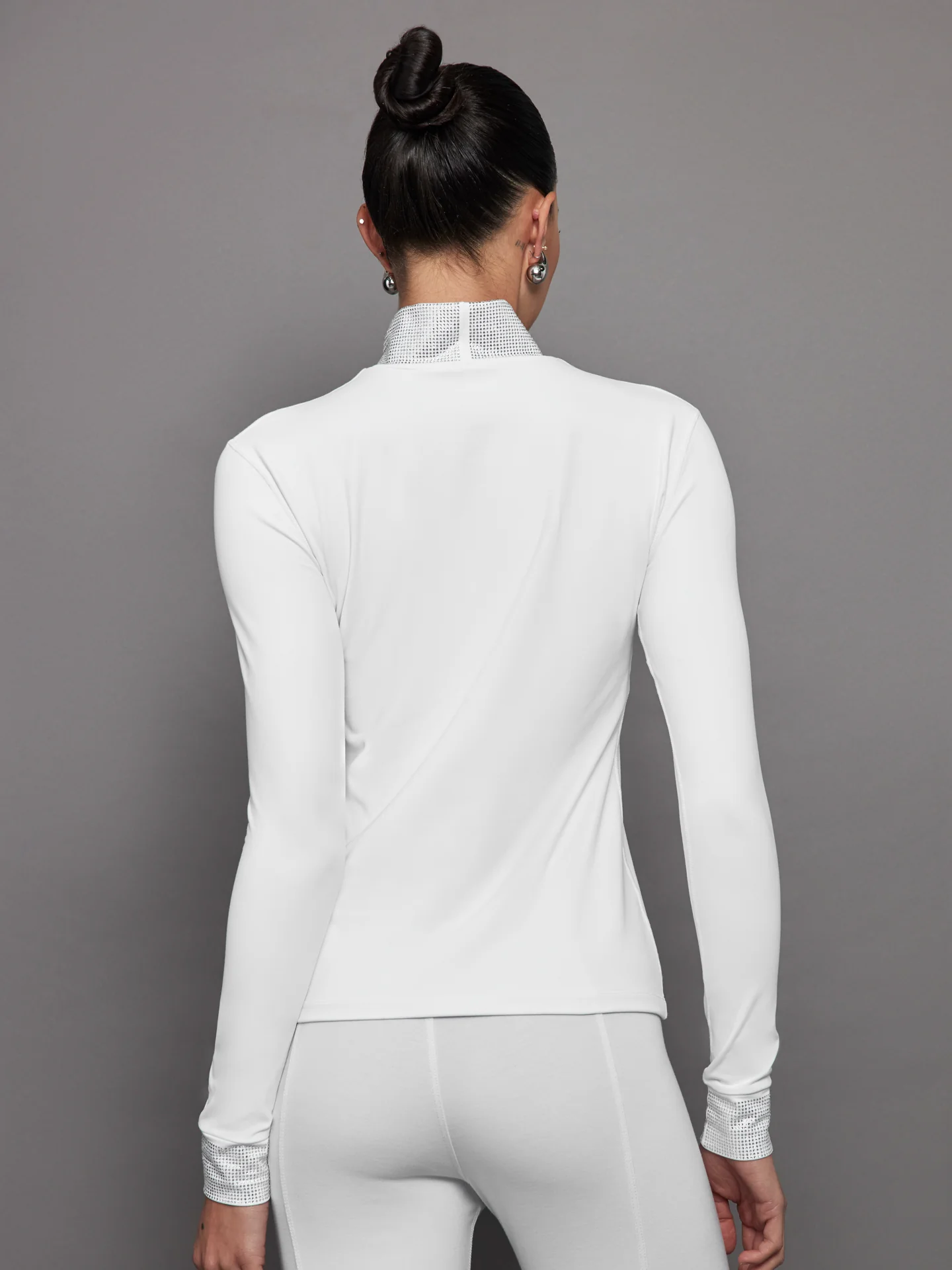 Long Sleeve Mock Neck Rhinestone Top - White - Image 3