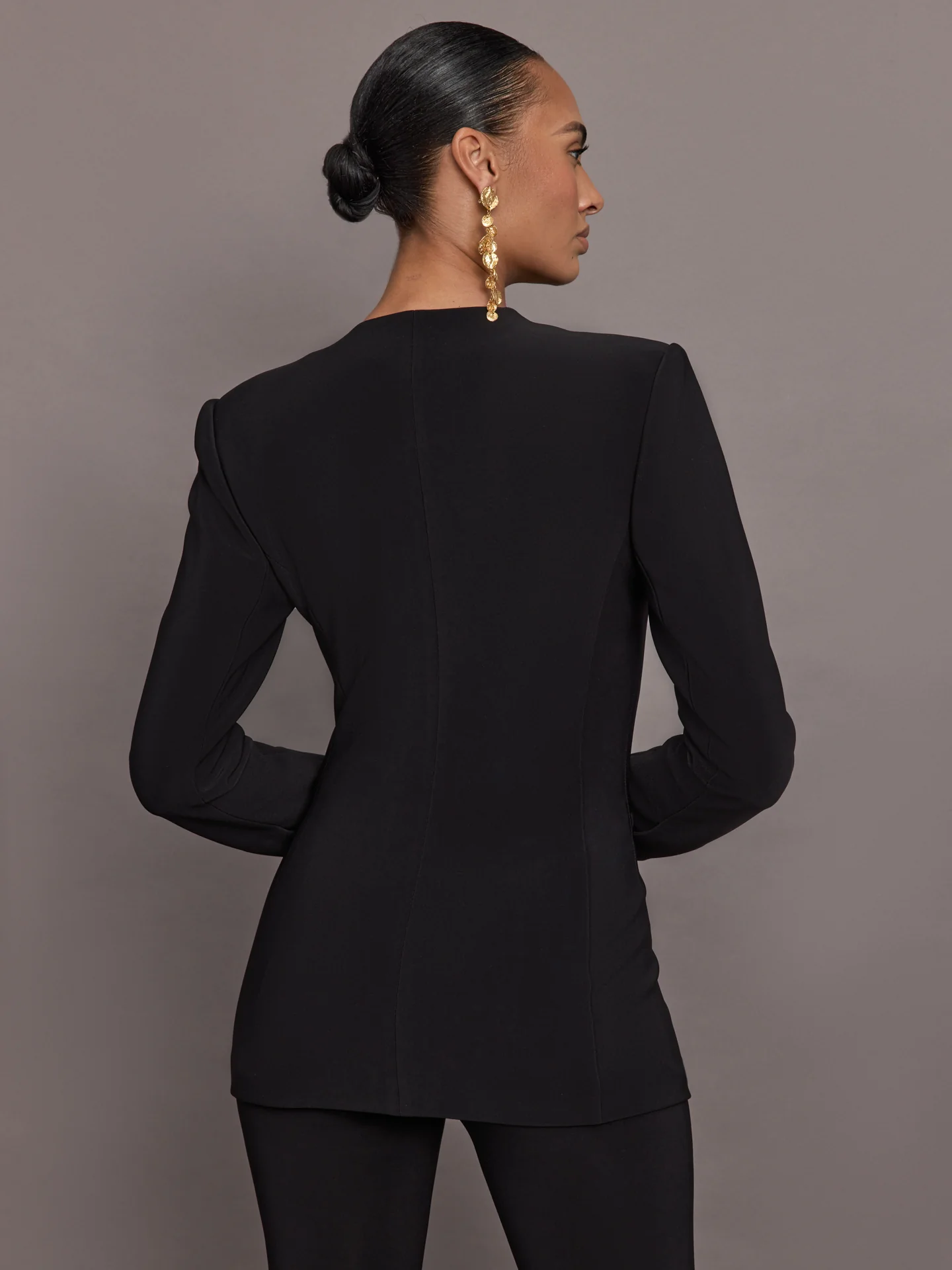 Long Sleeve Shoulder Pad V Neck Zip Front Jacket - Black - Image 4
